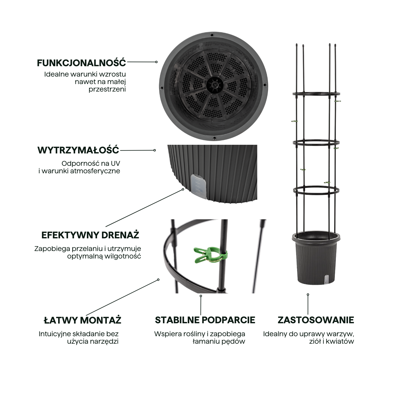 Detal odpływu wody doniczki i stojaka do uprawy pomidorów TOMATO TUBE