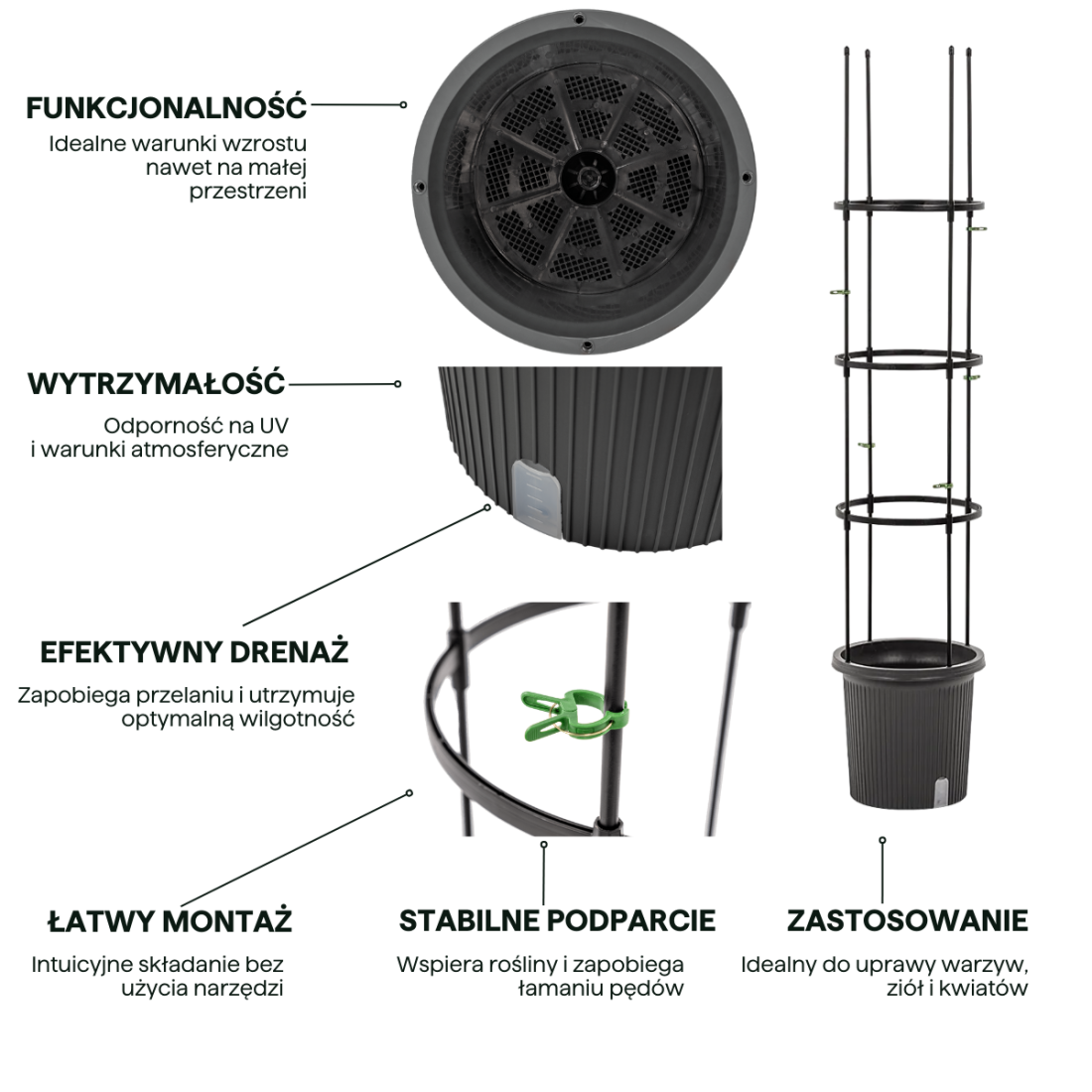 Detal odpływu wody doniczki i stojaka do uprawy pomidorów TOMATO TUBE