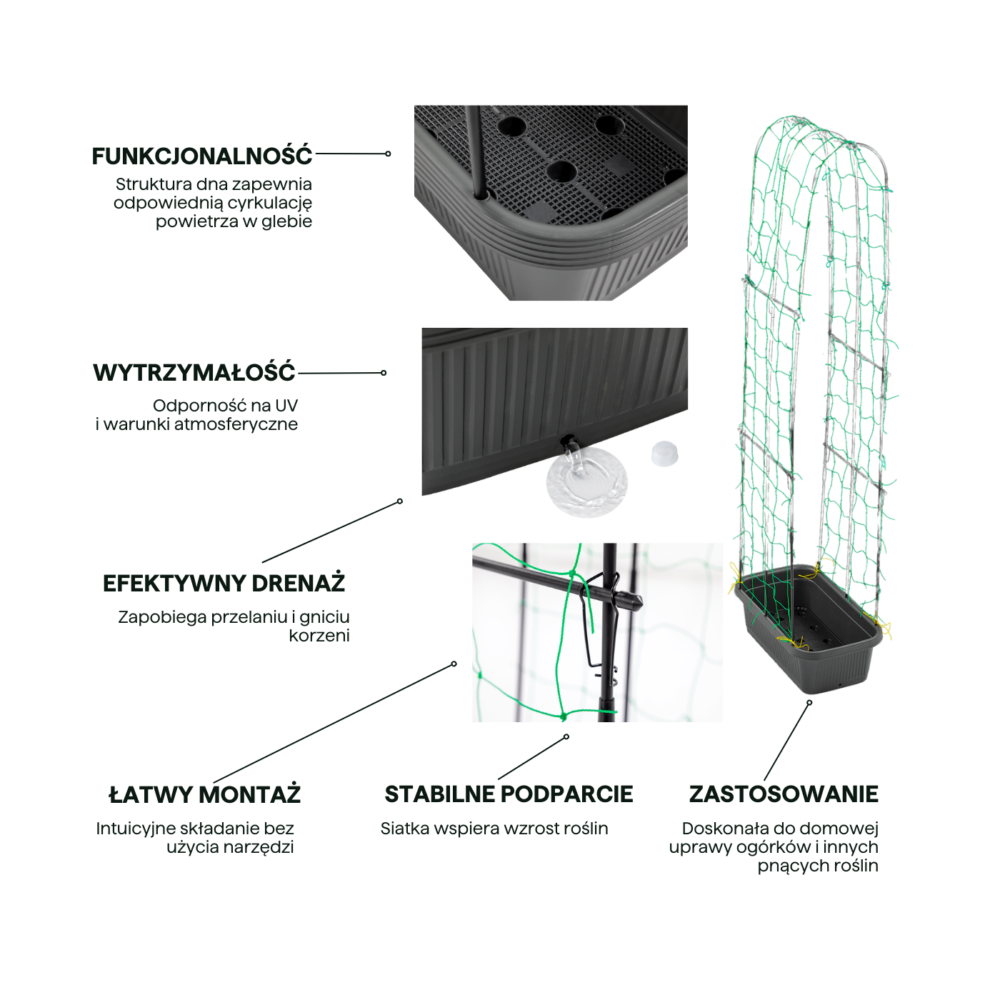 Cechy  doniczki i stojaka do uprawy ogórków CUCU GROW BOX 60x30x178cm CULTIVO