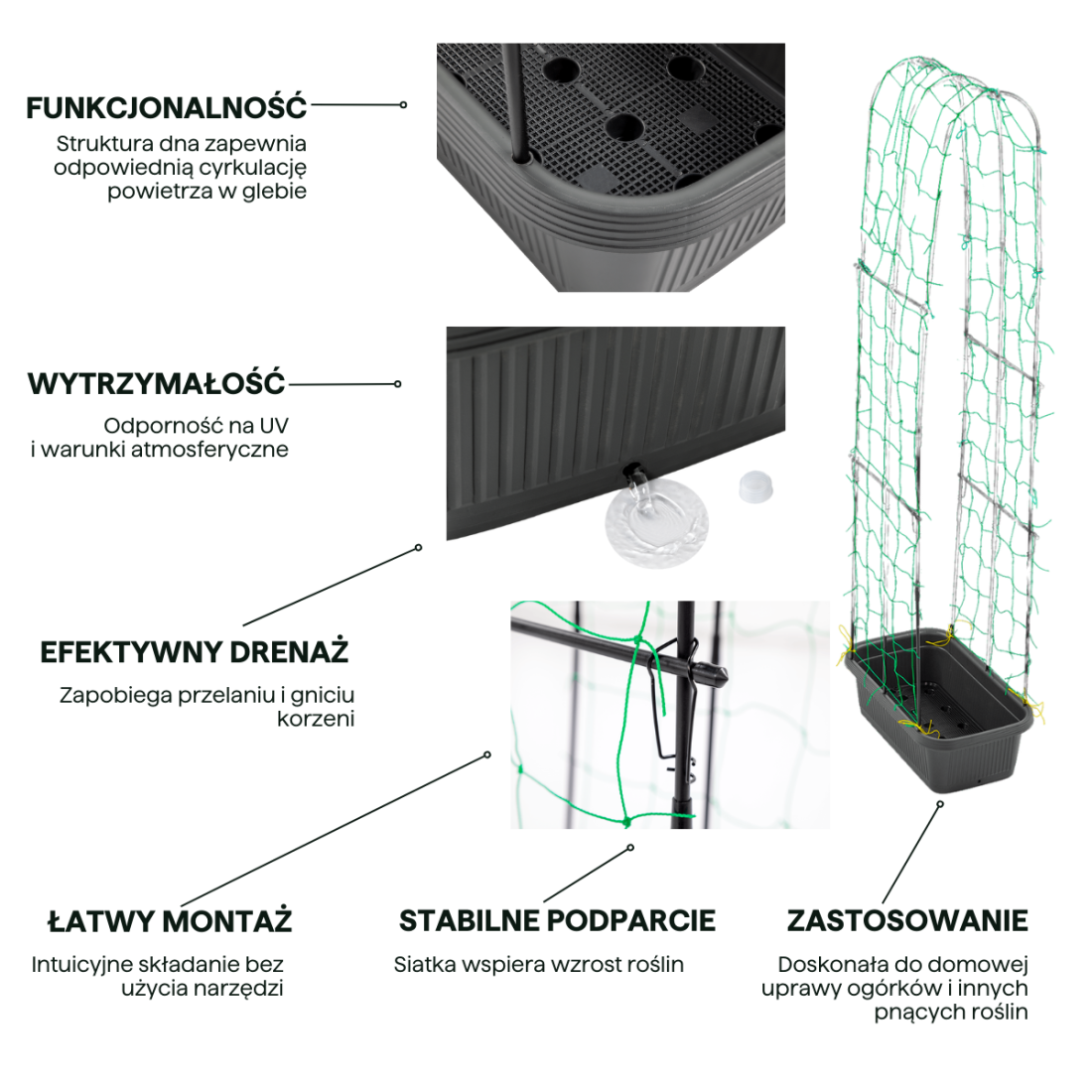 Cechy  doniczki i stojaka do uprawy ogórków CUCU GROW BOX 60x30x178cm CULTIVO