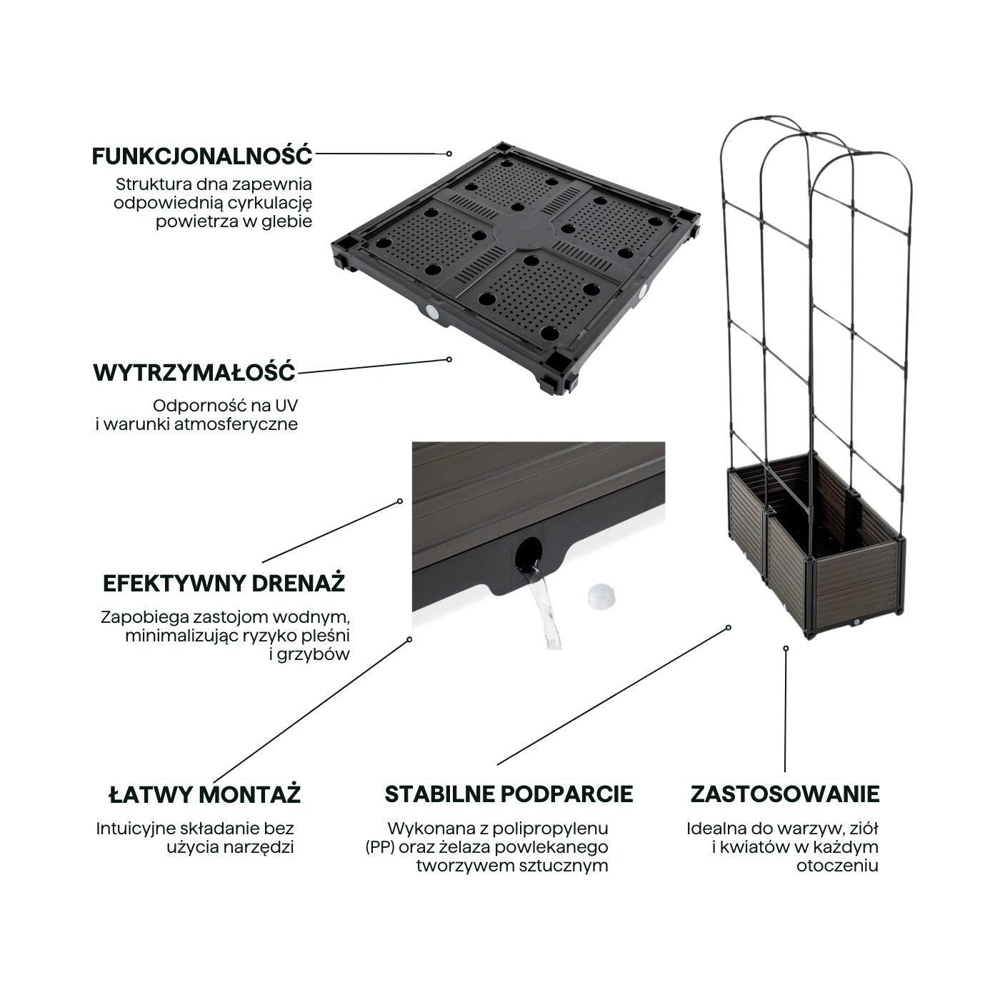 Cechy Skrzynia uprawowa + stojak zaokrąglony GROW ROUND SET 84x42x180cm - CULTIVO