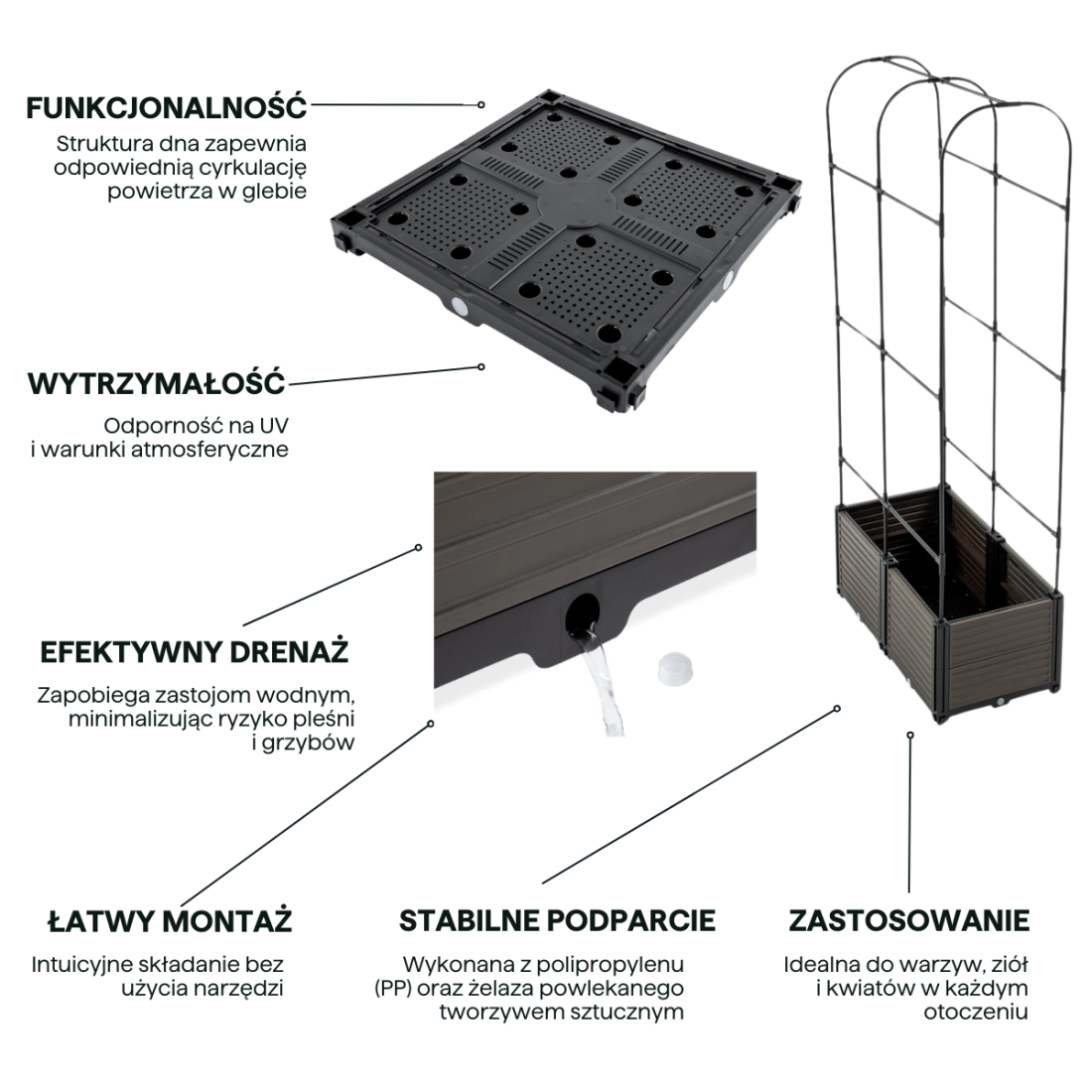 Cechy Skrzynia uprawowa + stojak zaokrąglony GROW ROUND SET 84x42x180cm - CULTIVO