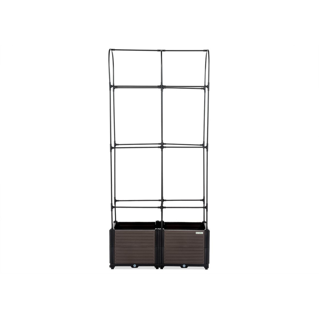 widok z boku na skrzynie uprawową i stojak do roślin