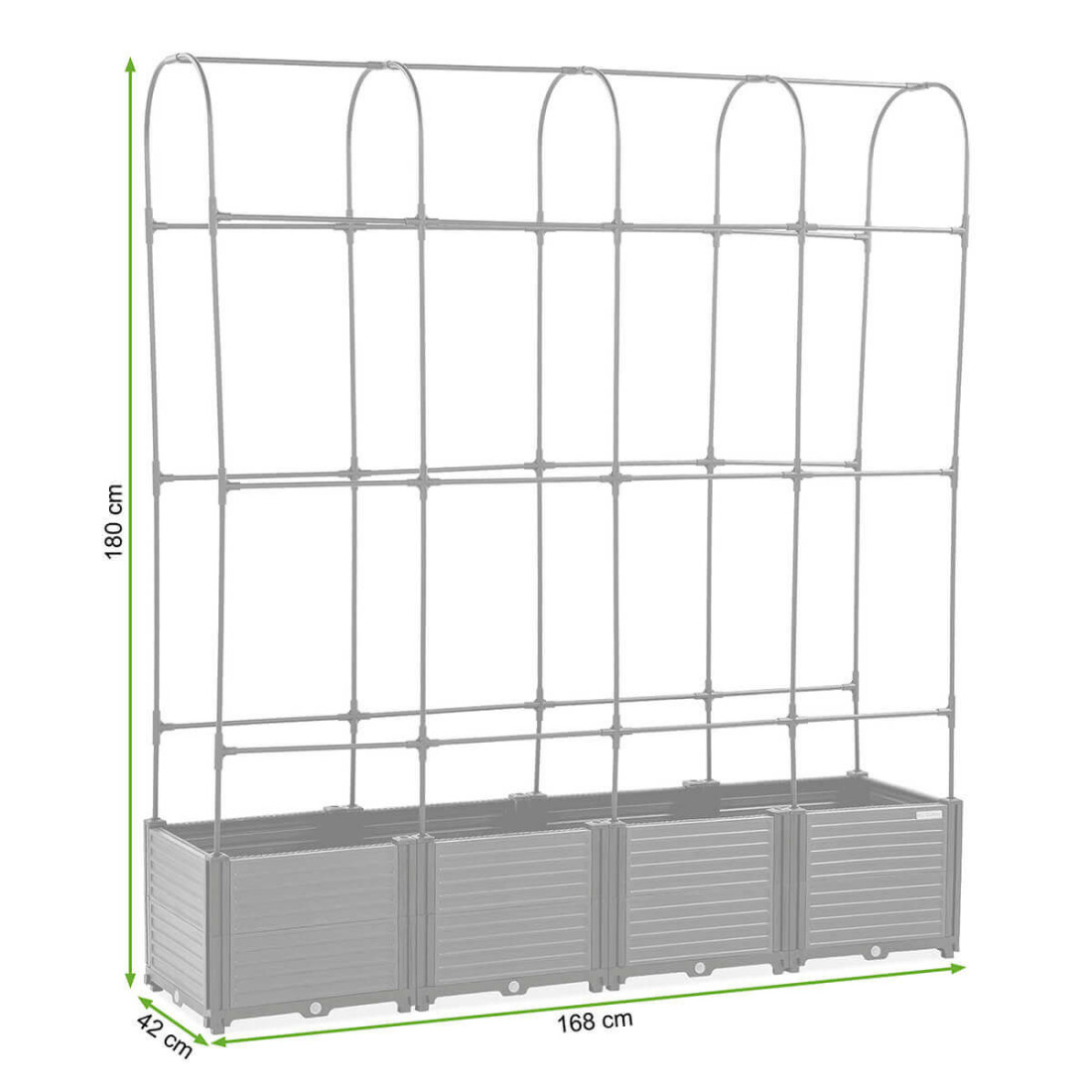 Wymiary zestawu składającego się ze skrzyni uprawowej i stojaka zaokrąglonego w rozmiarze L