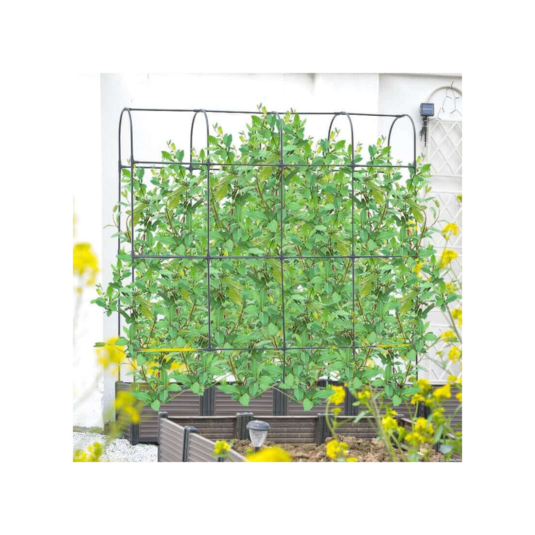 Wizualizacja skrzynki uprawowej z roślinami i zaokrąglonym stojakiem