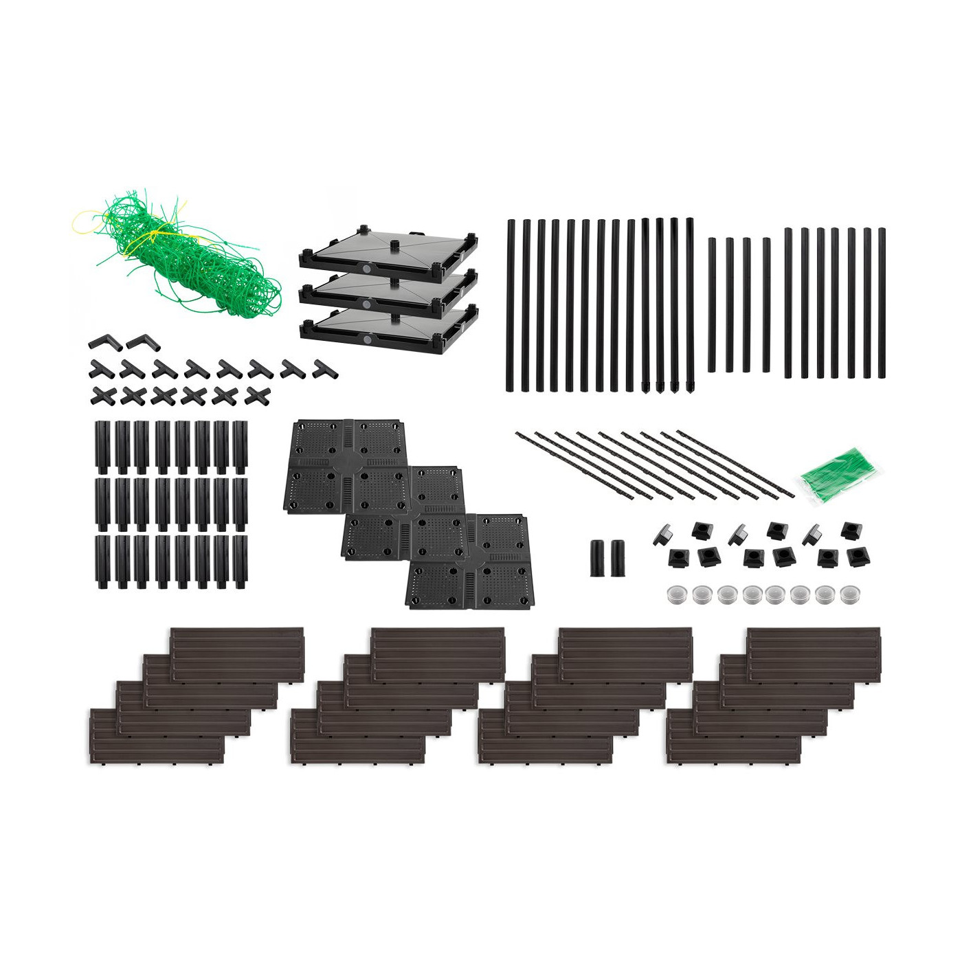 wszystkie elementy składające się na zestaw skrzyni uprawowej i stojaka płaskiego