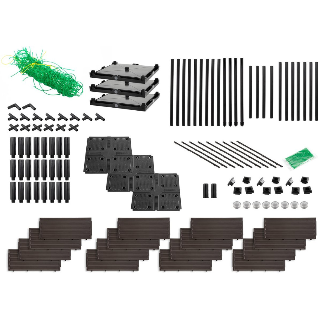 wszystkie elementy składające się na zestaw skrzyni uprawowej i stojaka płaskiego