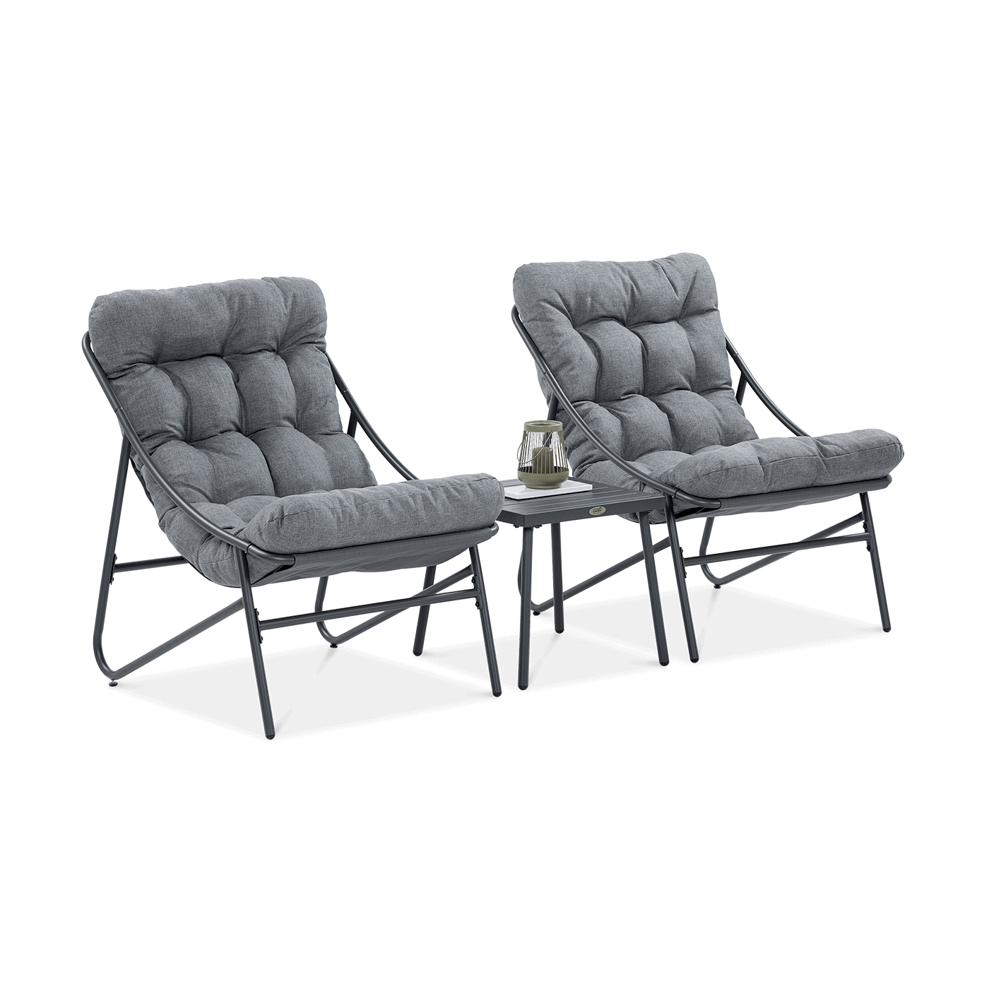 Ciemnoszare fotele i stolik wchodzące w skład zestawu mebli Casper od Focus Garden