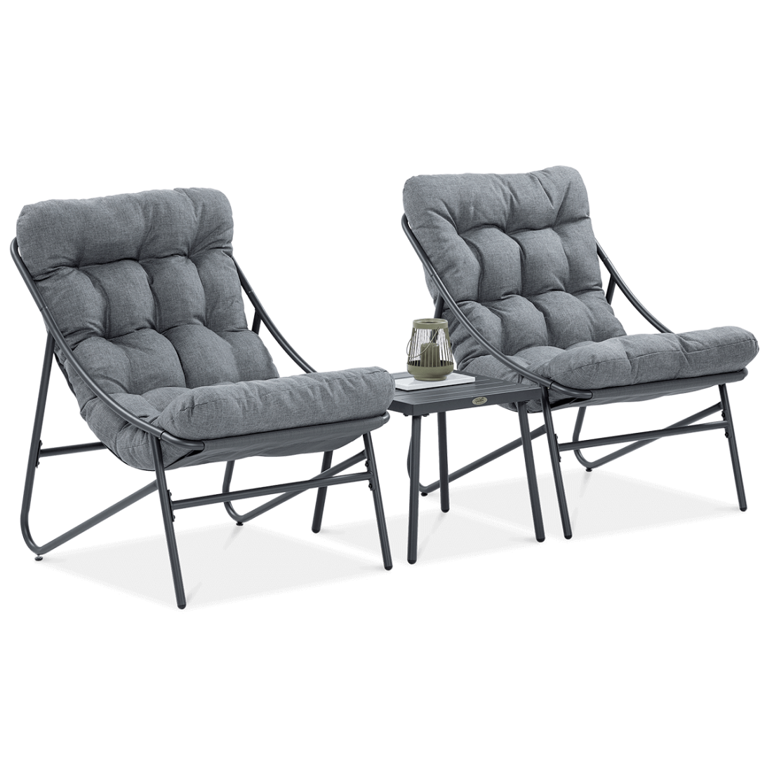 Ciemnoszare fotele i stolik wchodzące w skład zestawu mebli Casper od Focus Garden