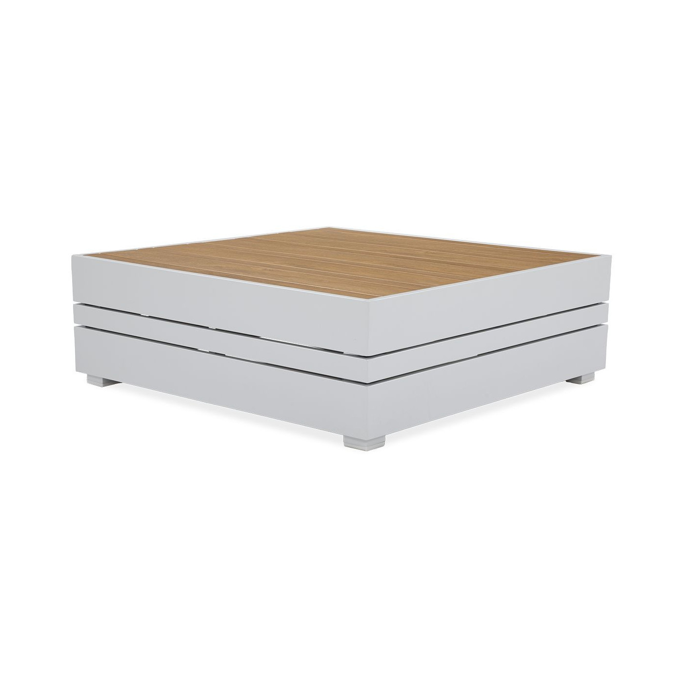 kwadratowy biały stolik kawowy z blatem imitującym drewno