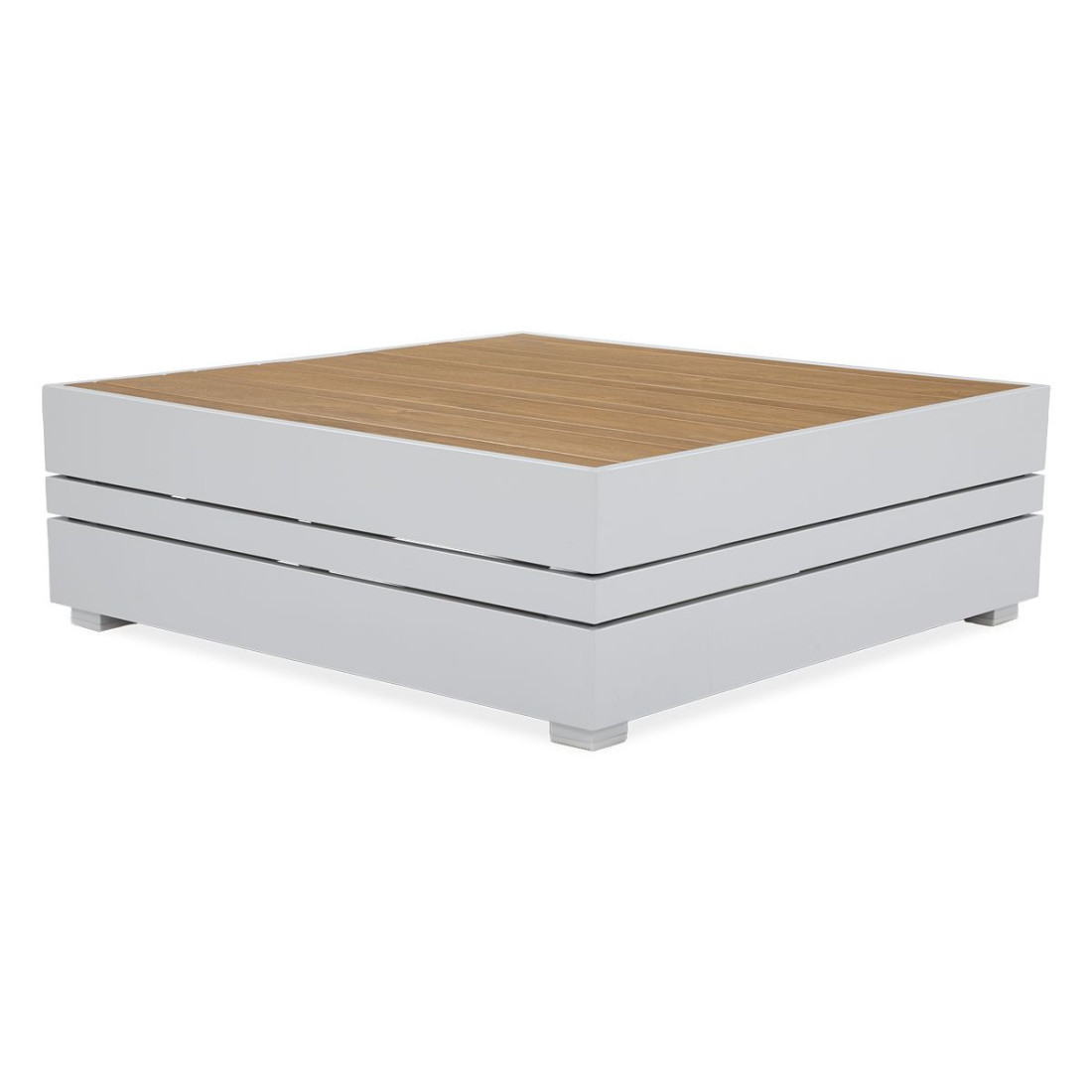 kwadratowy biały stolik kawowy z blatem imitującym drewno