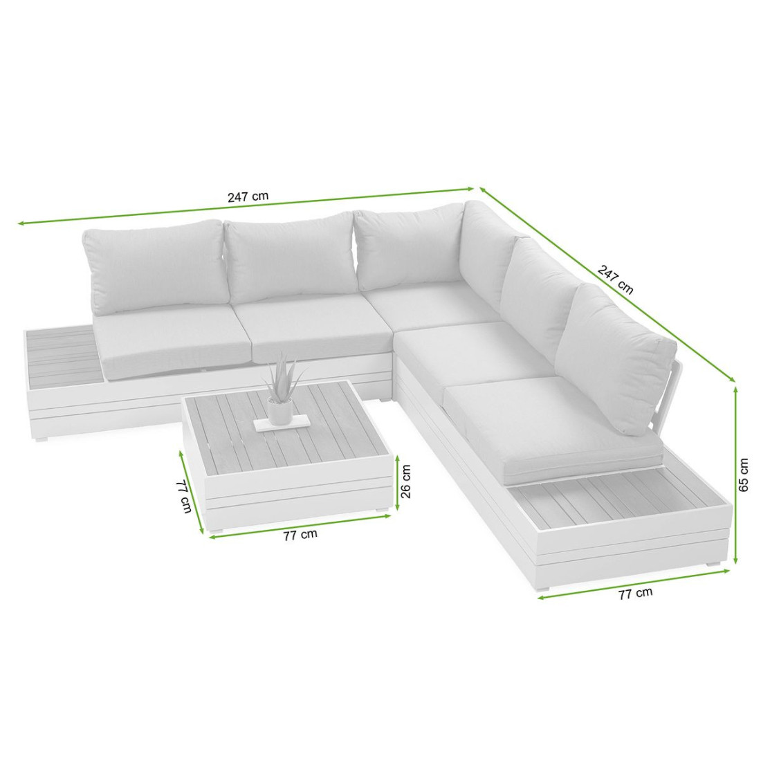 rysunek z wymiarami zestawu narożnego marvel white