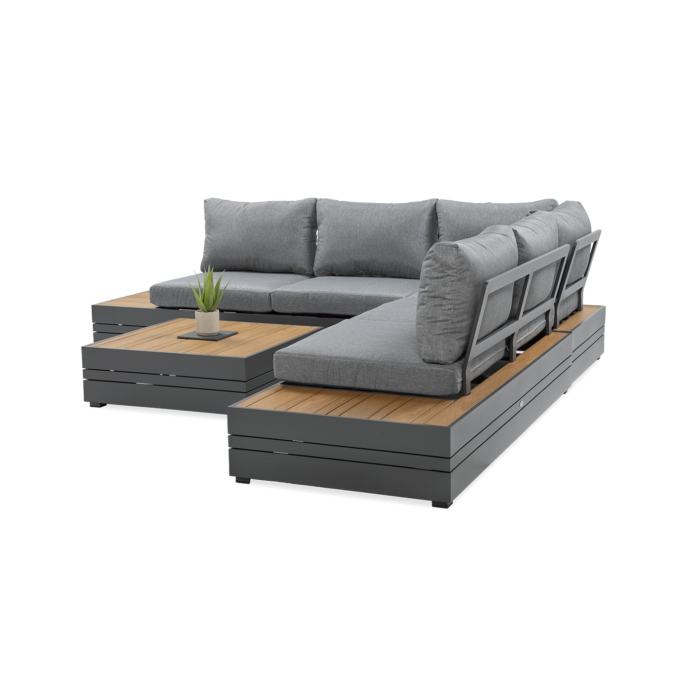 bok zestawu narożnego marvel w kolorze ciemno szarym z widocznym aluminiowym oparciem