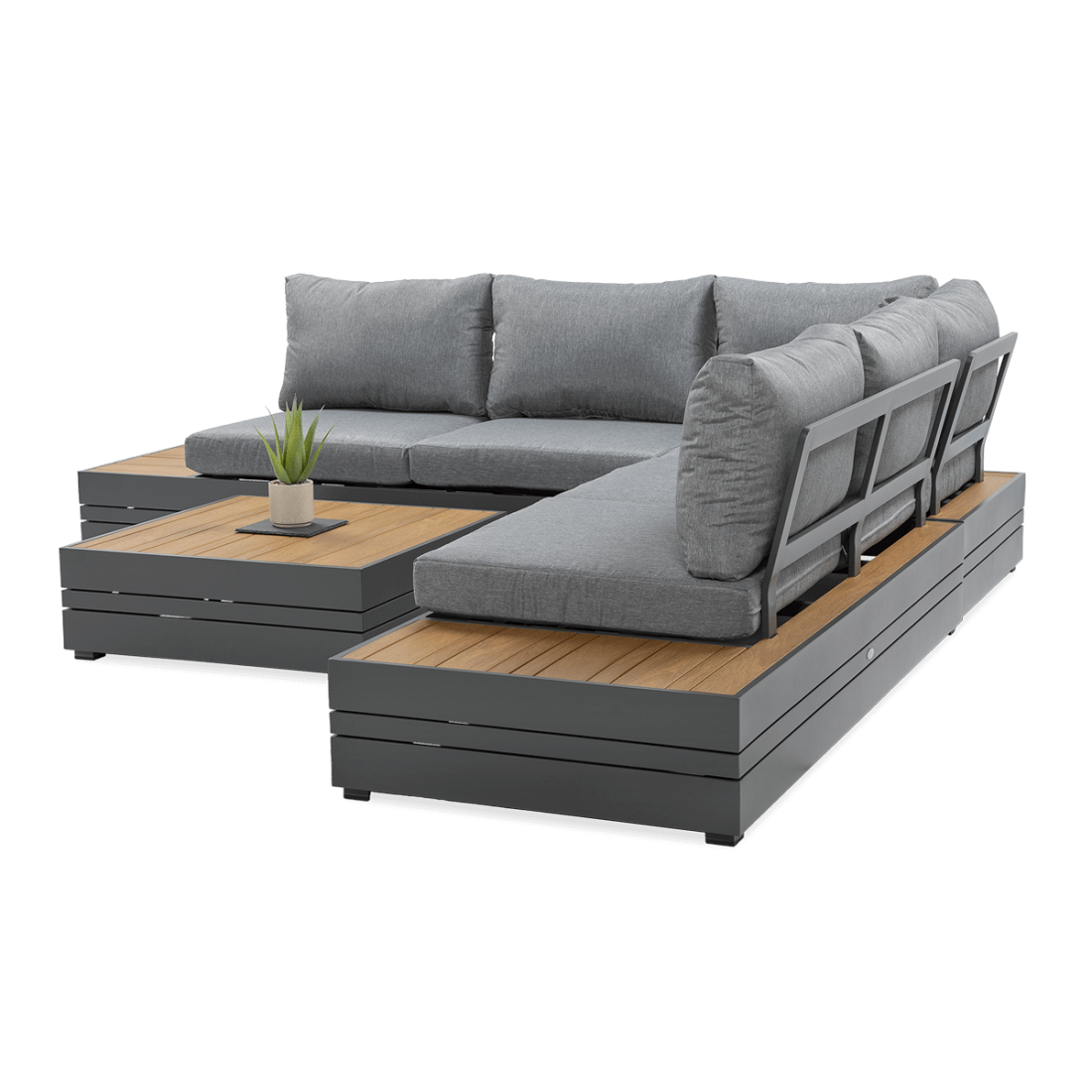 bok zestawu narożnego marvel w kolorze ciemno szarym z widocznym aluminiowym oparciem