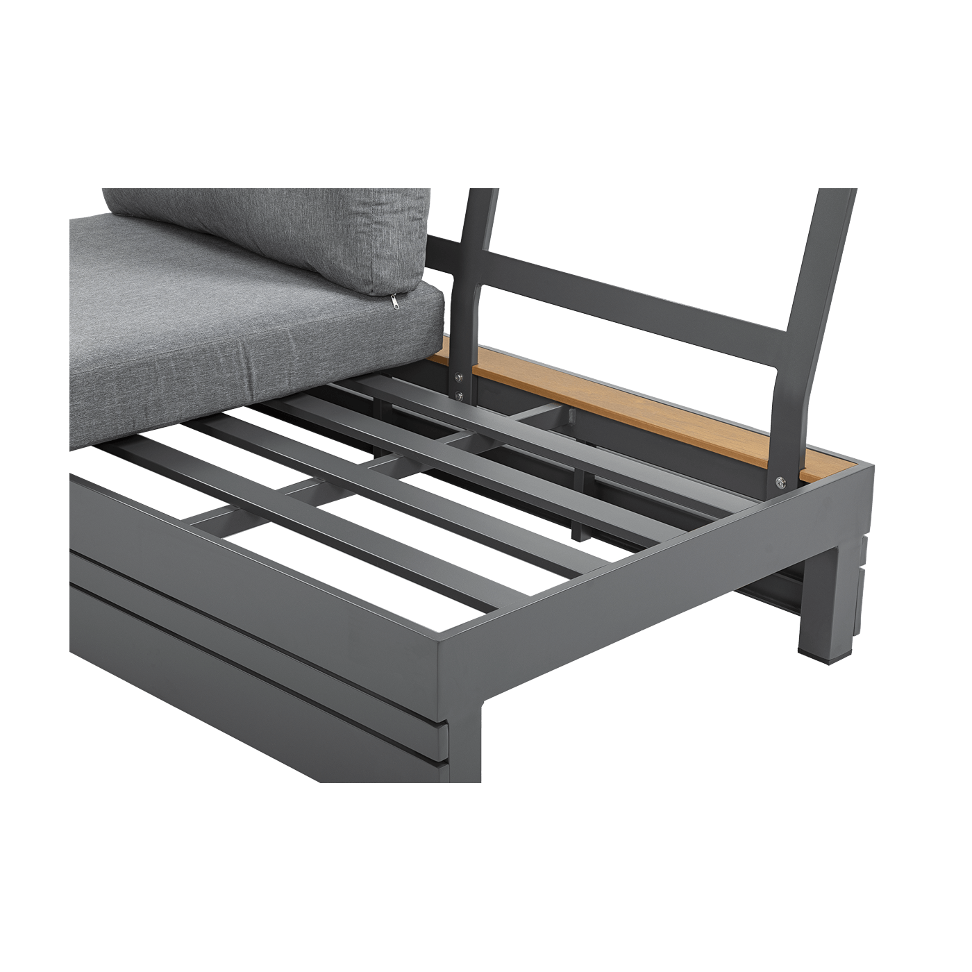 zbliżenie na aluminiowy stelaż narożnika marvel w kolorze ciemno szarym z zdobieniami imitującymi drewno