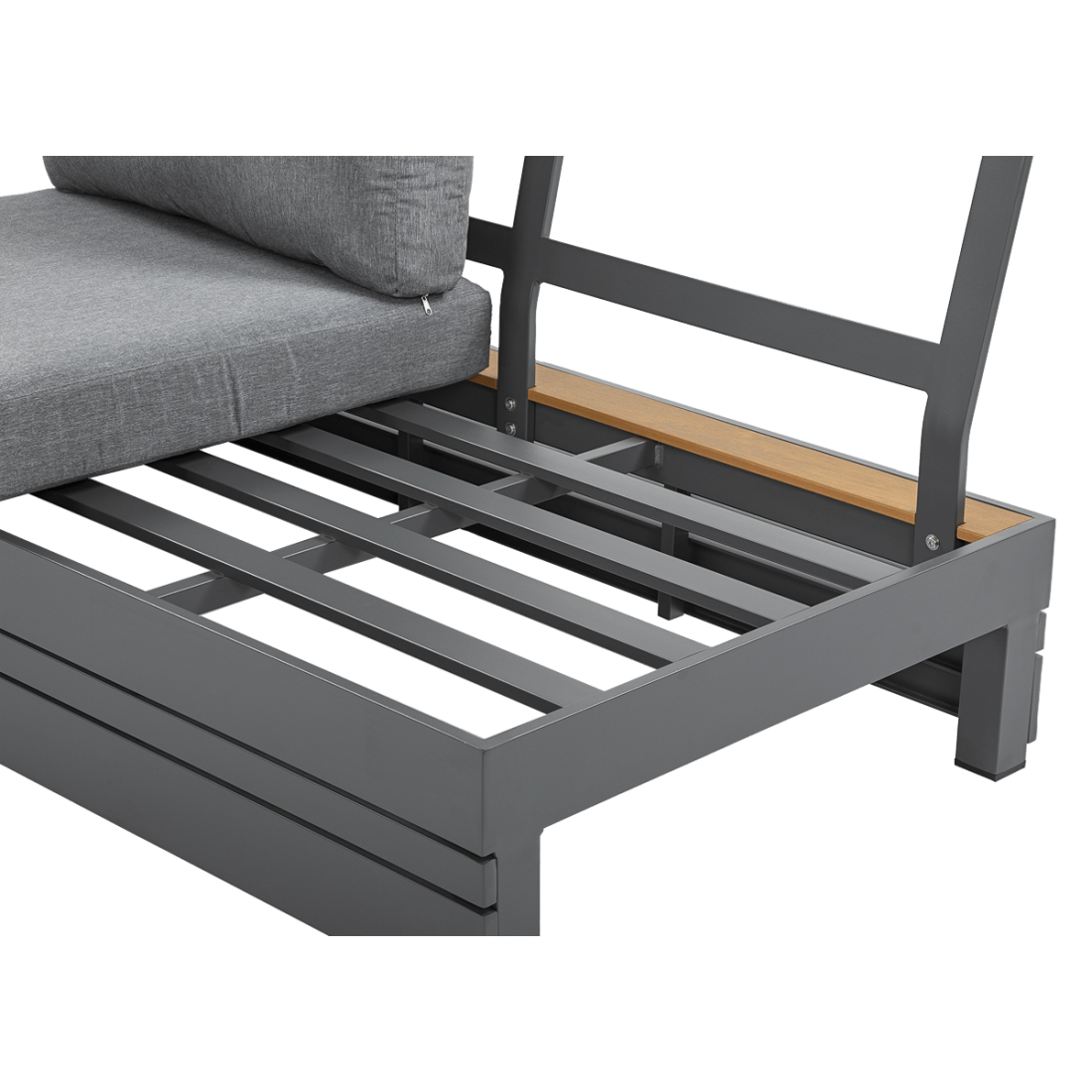 zbliżenie na aluminiowy stelaż narożnika marvel w kolorze ciemno szarym z zdobieniami imitującymi drewno