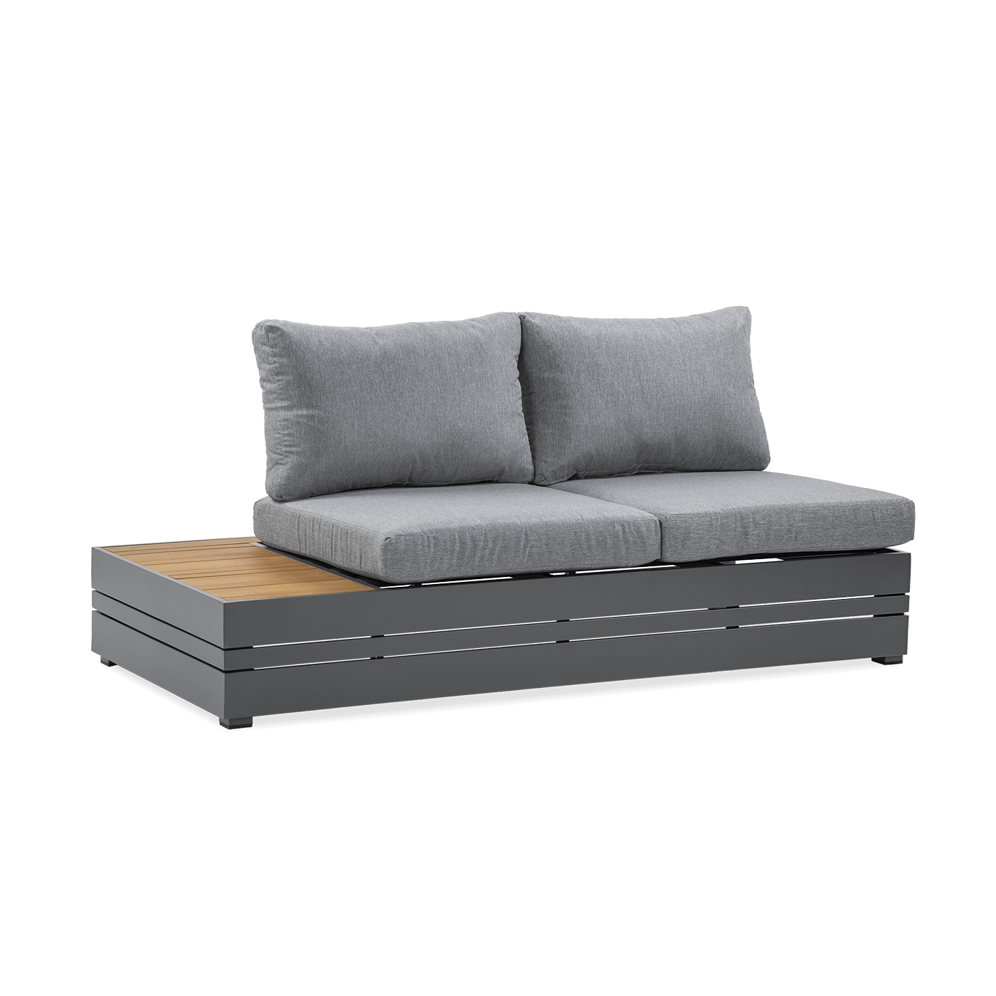 przód dwuosobowej sofy z zestawu narożnego marvel w kolorze ciemno szarym i dodatkami imitującymi drewno