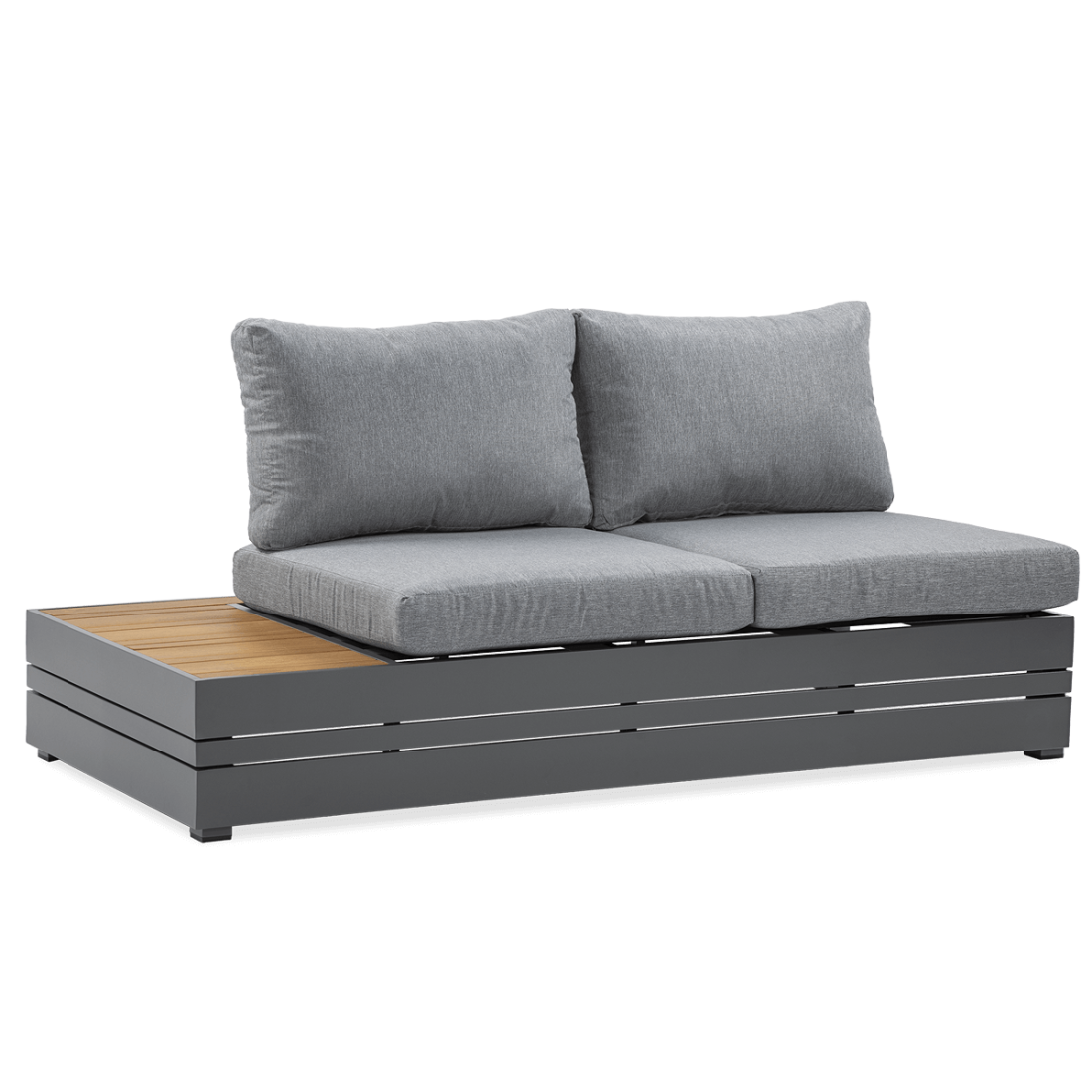 przód dwuosobowej sofy z zestawu narożnego marvel w kolorze ciemno szarym i dodatkami imitującymi drewno