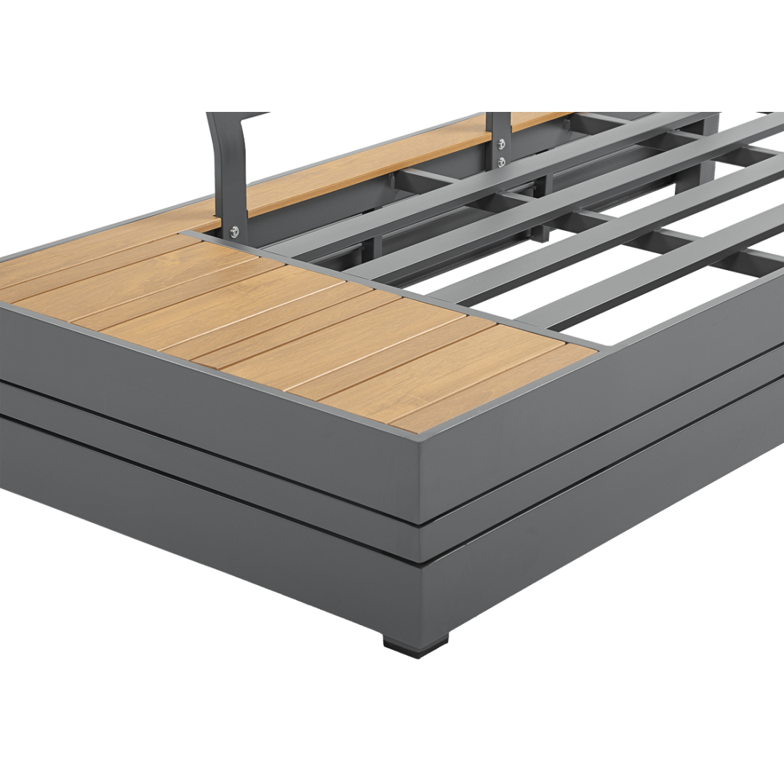 zbliżenie na konstrukcję sofy z zestawu marvel z zdobieniami imitującymi drewno