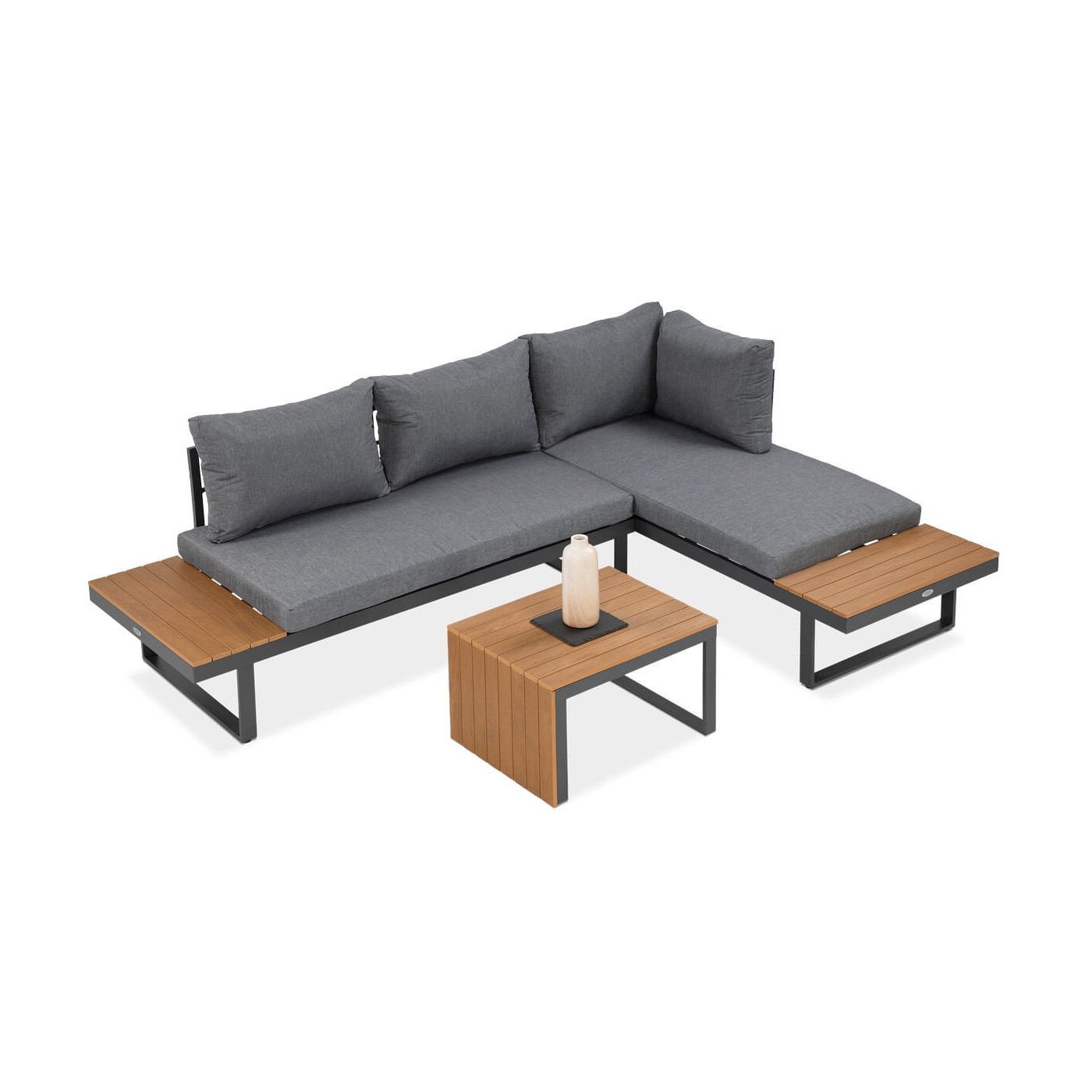 Widok z góry na modułowy narożnik tulip w kolorze ciemno szarym z akcentami drewnianymi