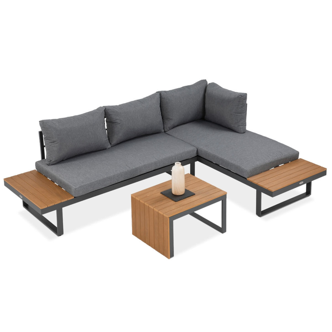 Widok z góry na modułowy narożnik tulip w kolorze ciemno szarym z akcentami drewnianymi