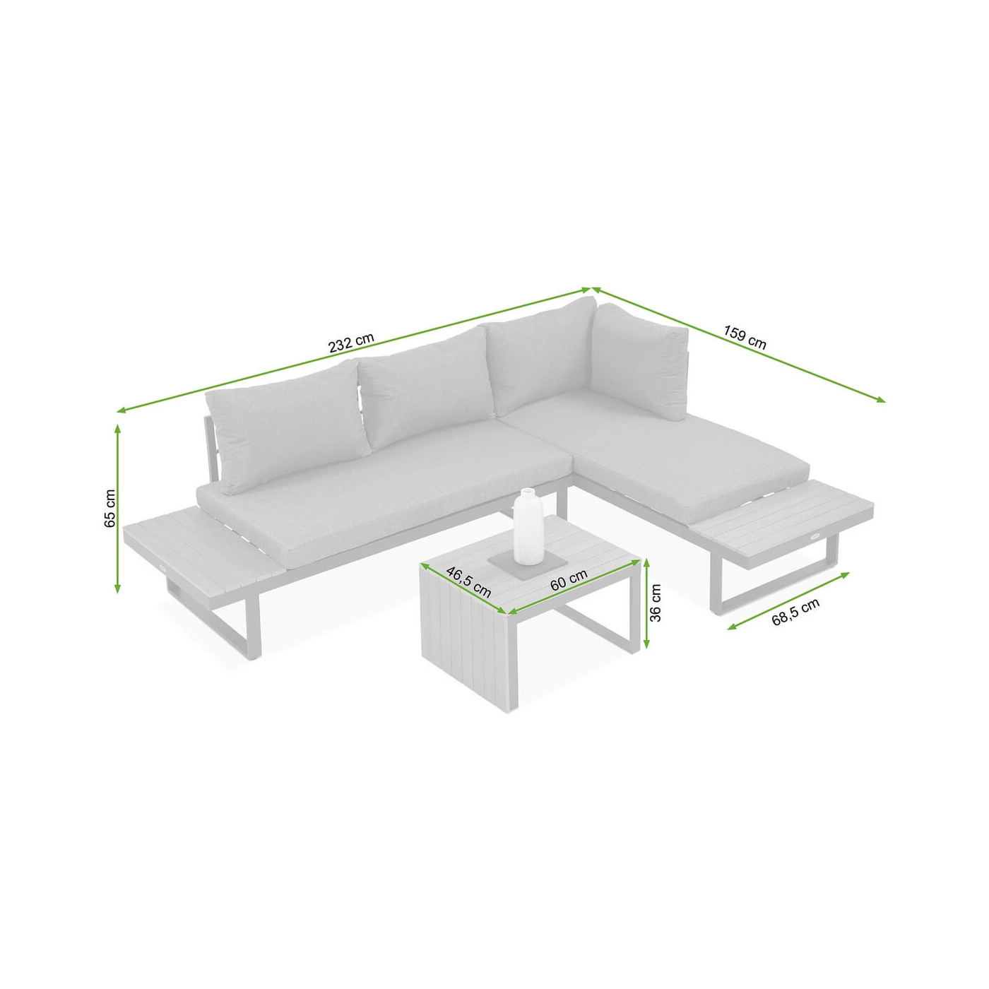 Rysunek z wymiarami narożnika modułowego tulip
