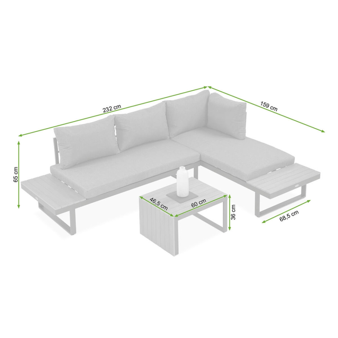 Rysunek z wymiarami narożnika modułowego tulip
