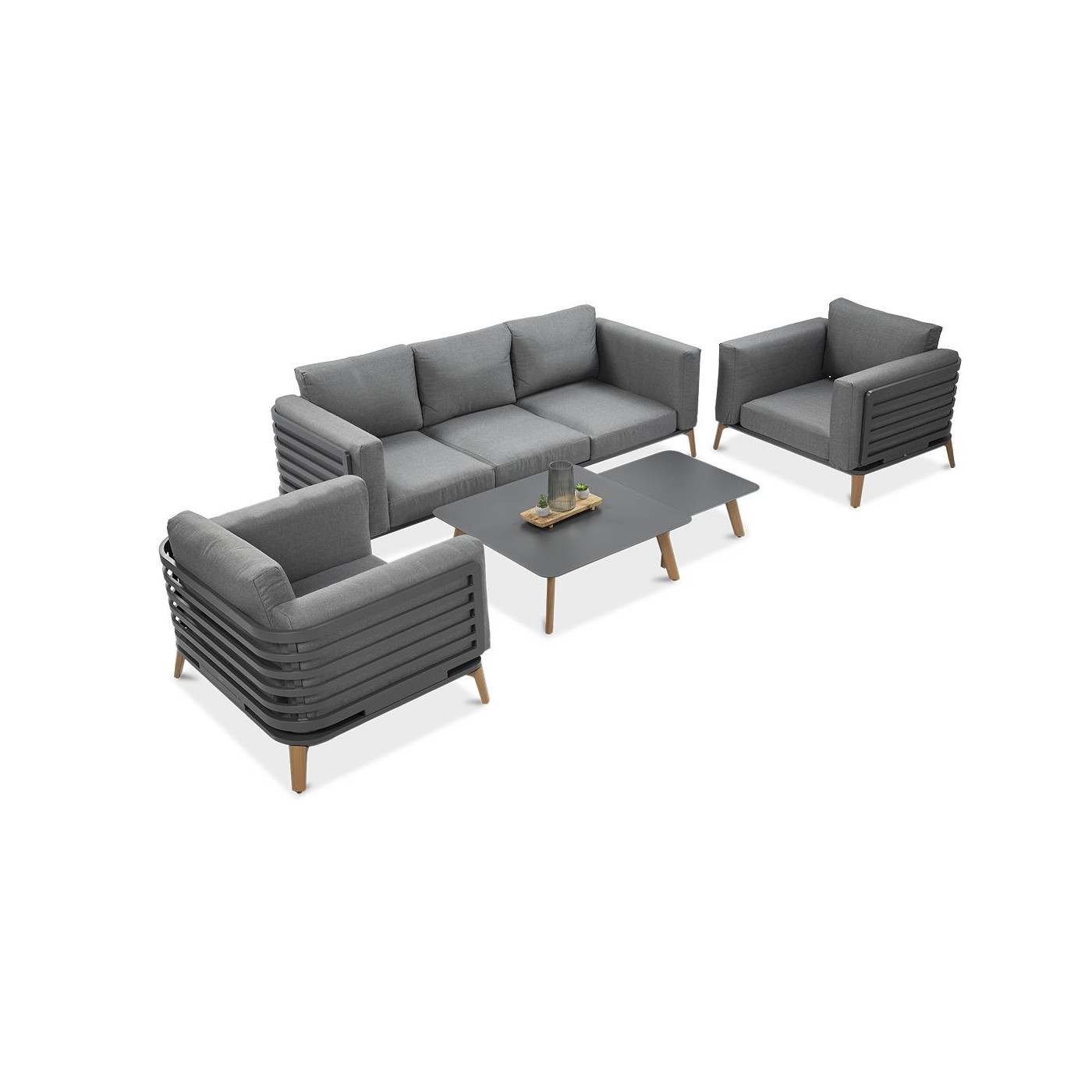 Meble wchodzące w skład zestawu RADISSON CAFFE Grey to sofa, dwa fotele i dwa stoliki