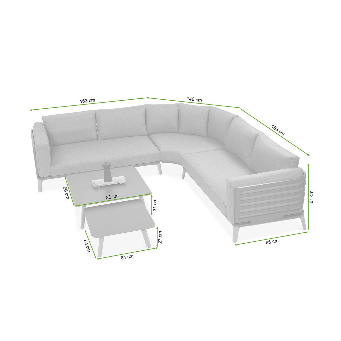 rysunek z wymiarami zestawu narożnego radisson caffe grey