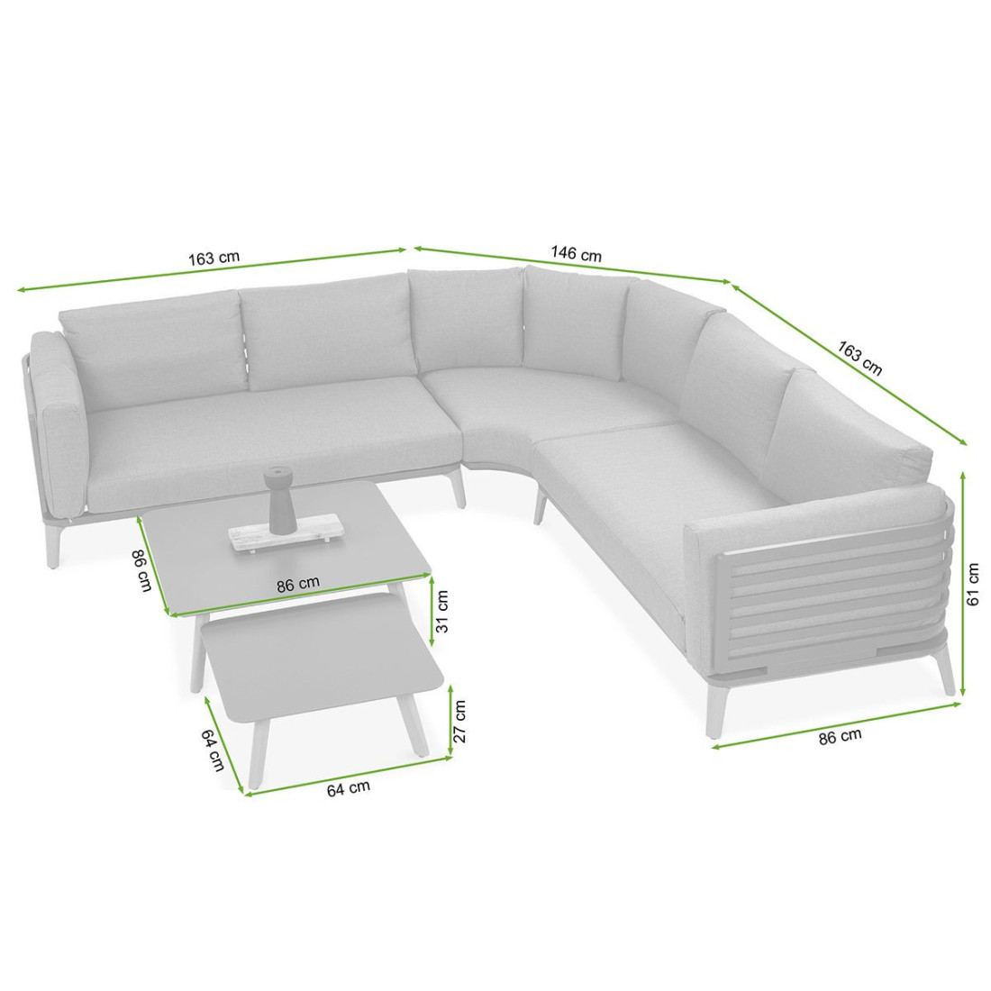 rysunek z wymiarami zestawu narożnego radisson caffe grey