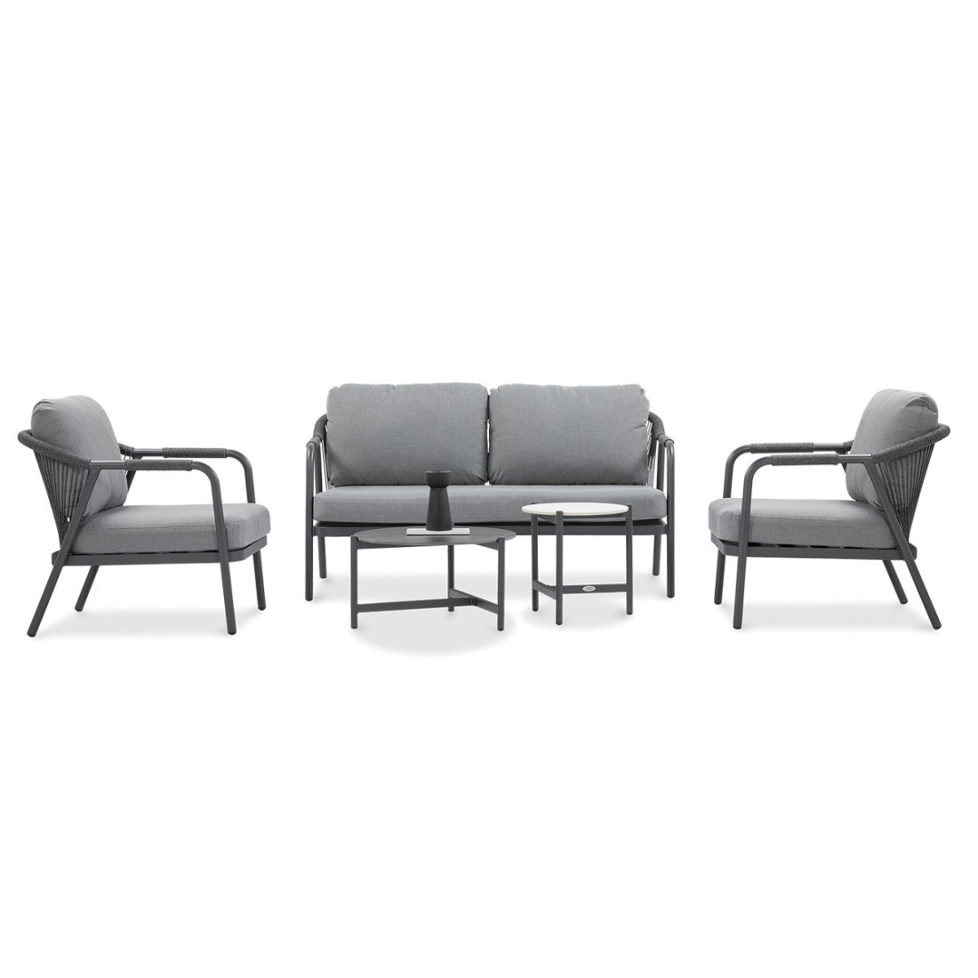 Przód zestawu mebli grafton caffe - sofa, dwa fotele i dwa stoliki kawowe