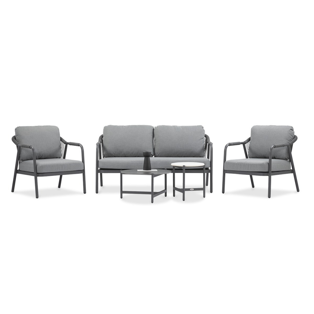 Widok z przodu na zestaw wypoczynkowy szarych mebli ogrodowych grafton caffe 