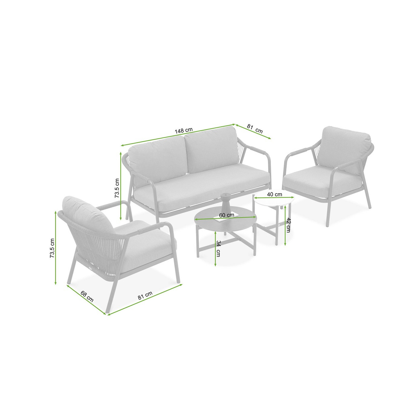 rysunek z wymiarami zestawu ogrodowego grafton caffe grey