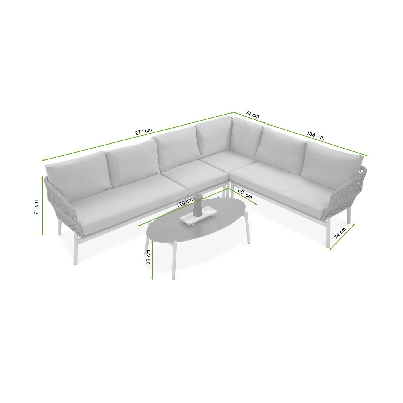 rysunek z wymiarami zestawu narożnego na ogród paris caffe grey