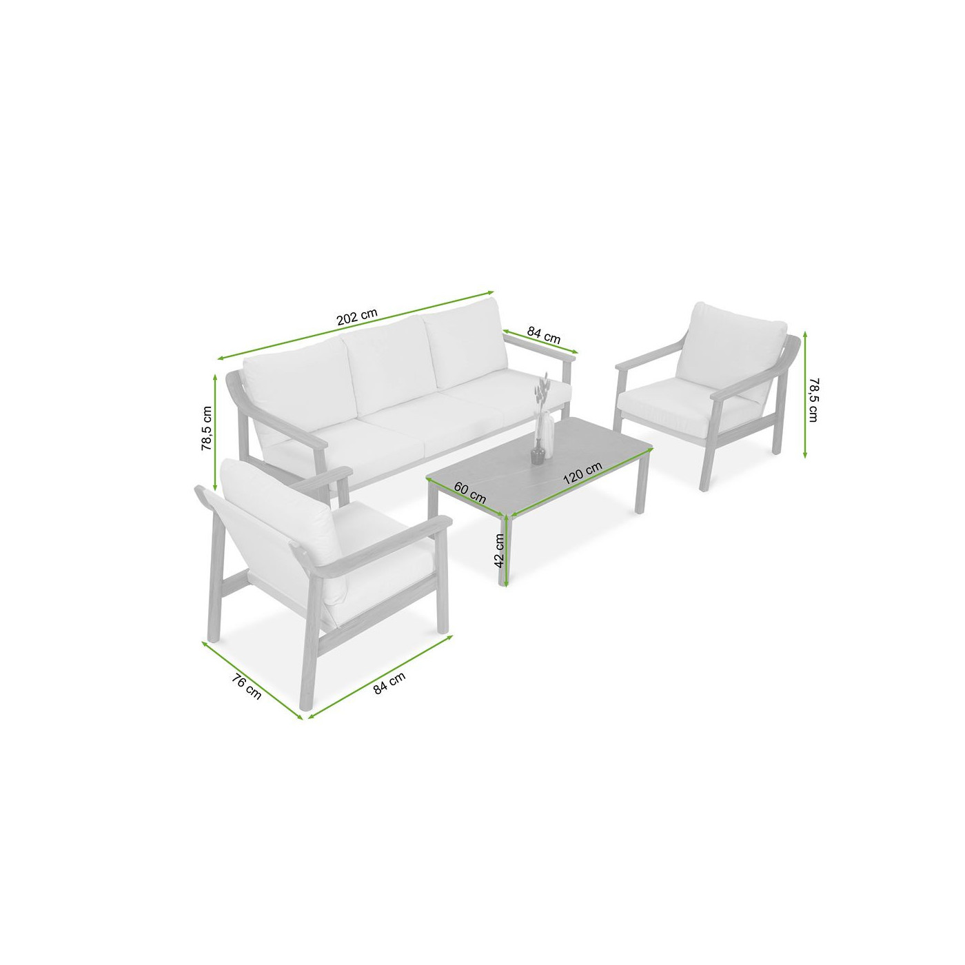 Rysunek z wymiarami zestawu ogrodowego pattaya caffe