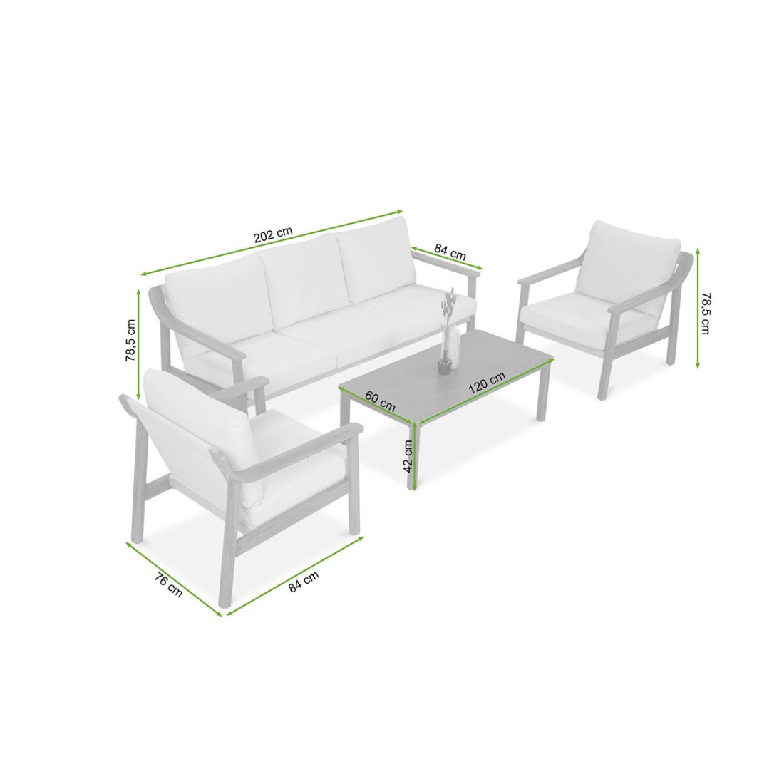 Rysunek z wymiarami zestawu ogrodowego pattaya caffe
