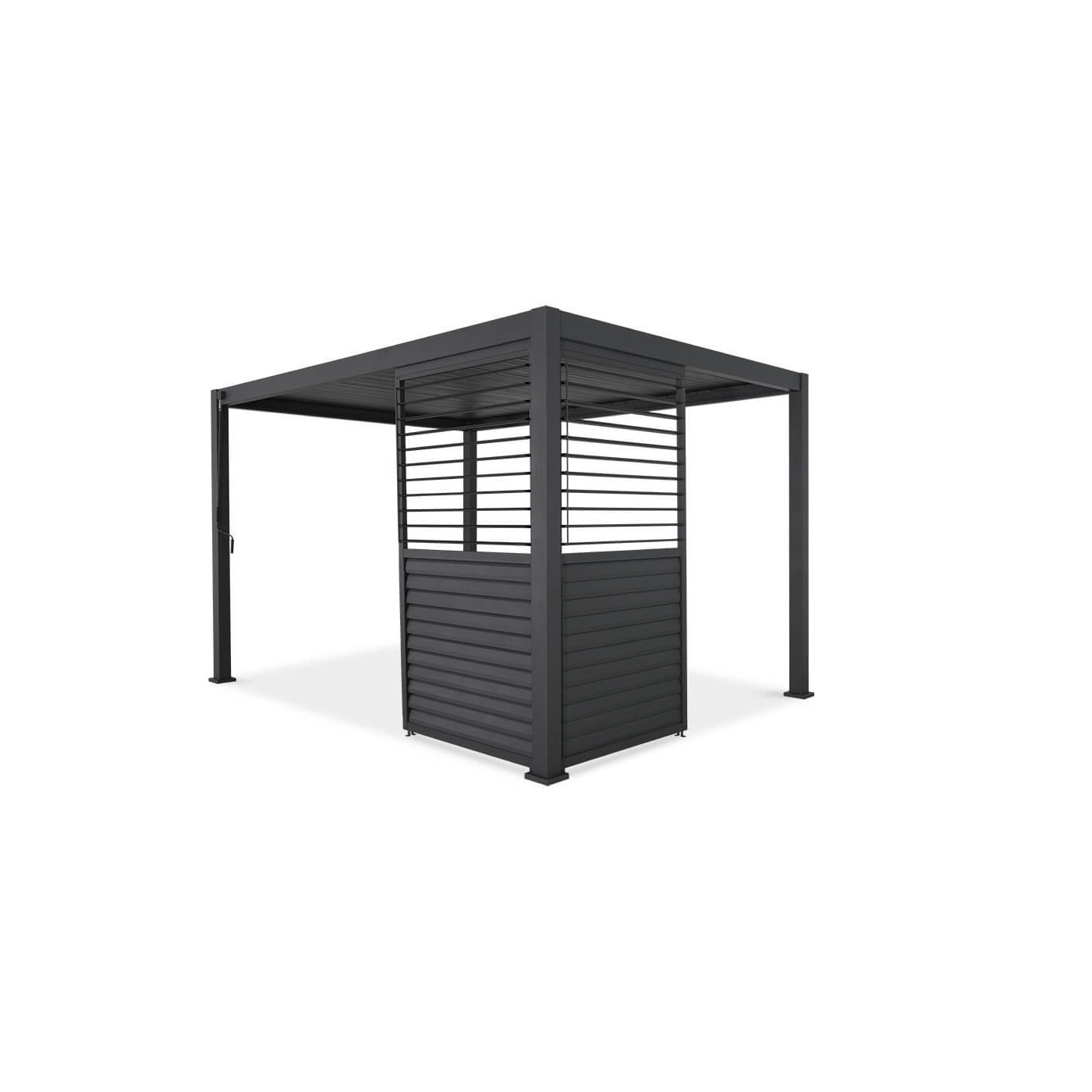 dwa regulowane czarne panele całkowicie zamknięte zamontowane w rogu pergoli 