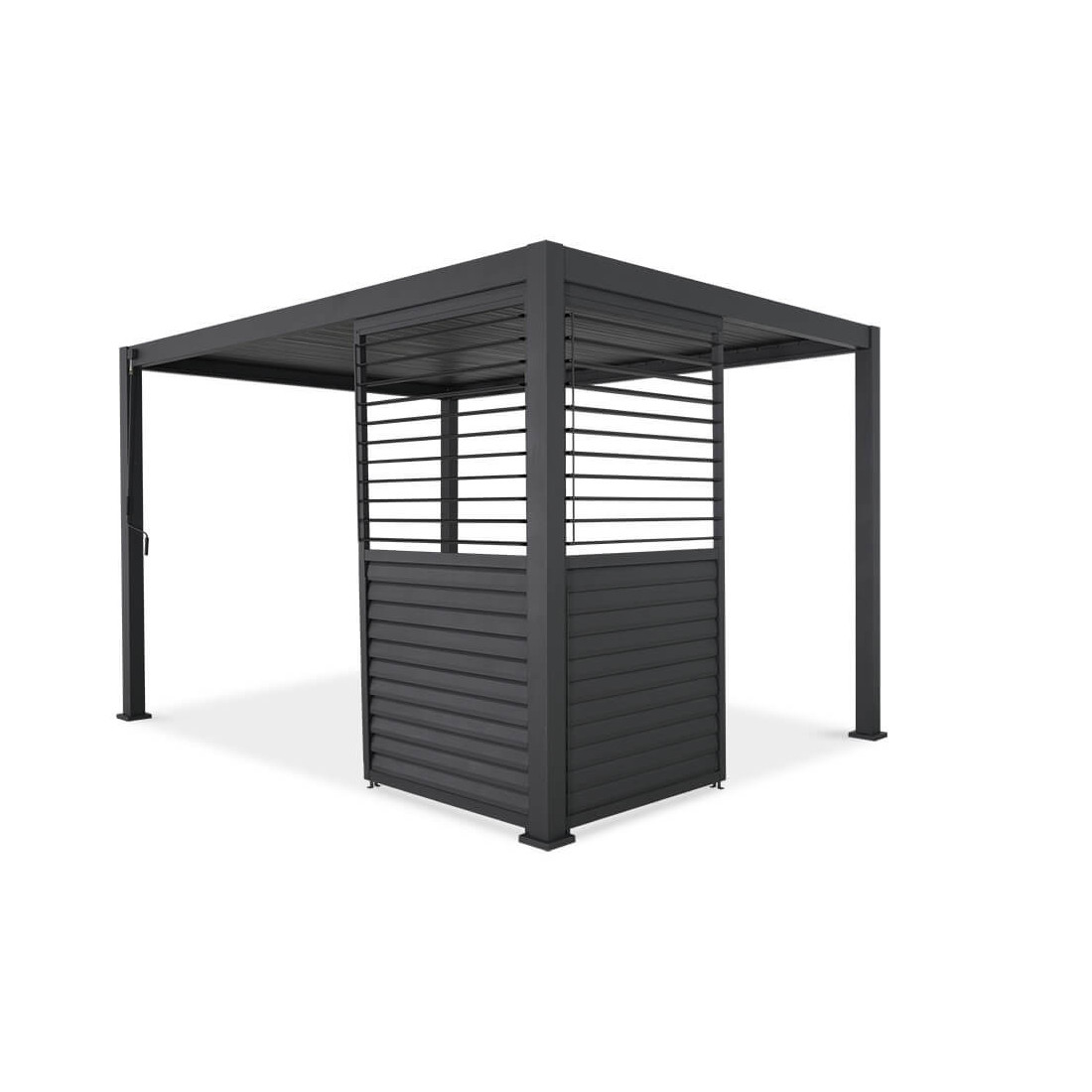 dwa regulowane czarne panele całkowicie zamknięte zamontowane w rogu pergoli 