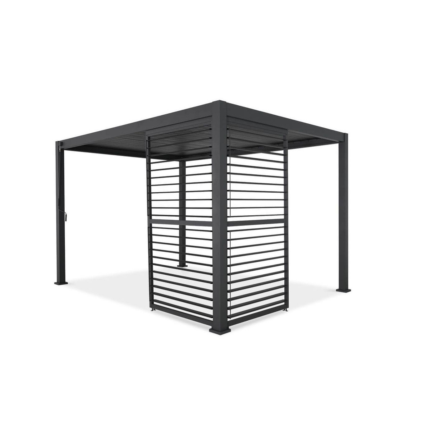 regulowane panele w kolorze antracytowym w połowie otwarte zamontowane w rogu pergoli