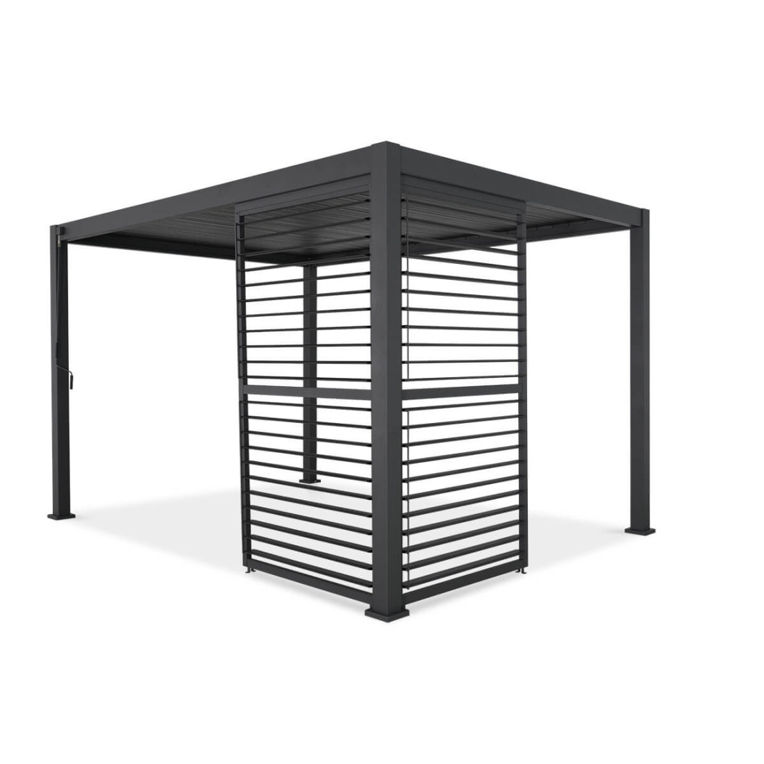 regulowane panele w kolorze antracytowym w połowie otwarte zamontowane w rogu pergoli