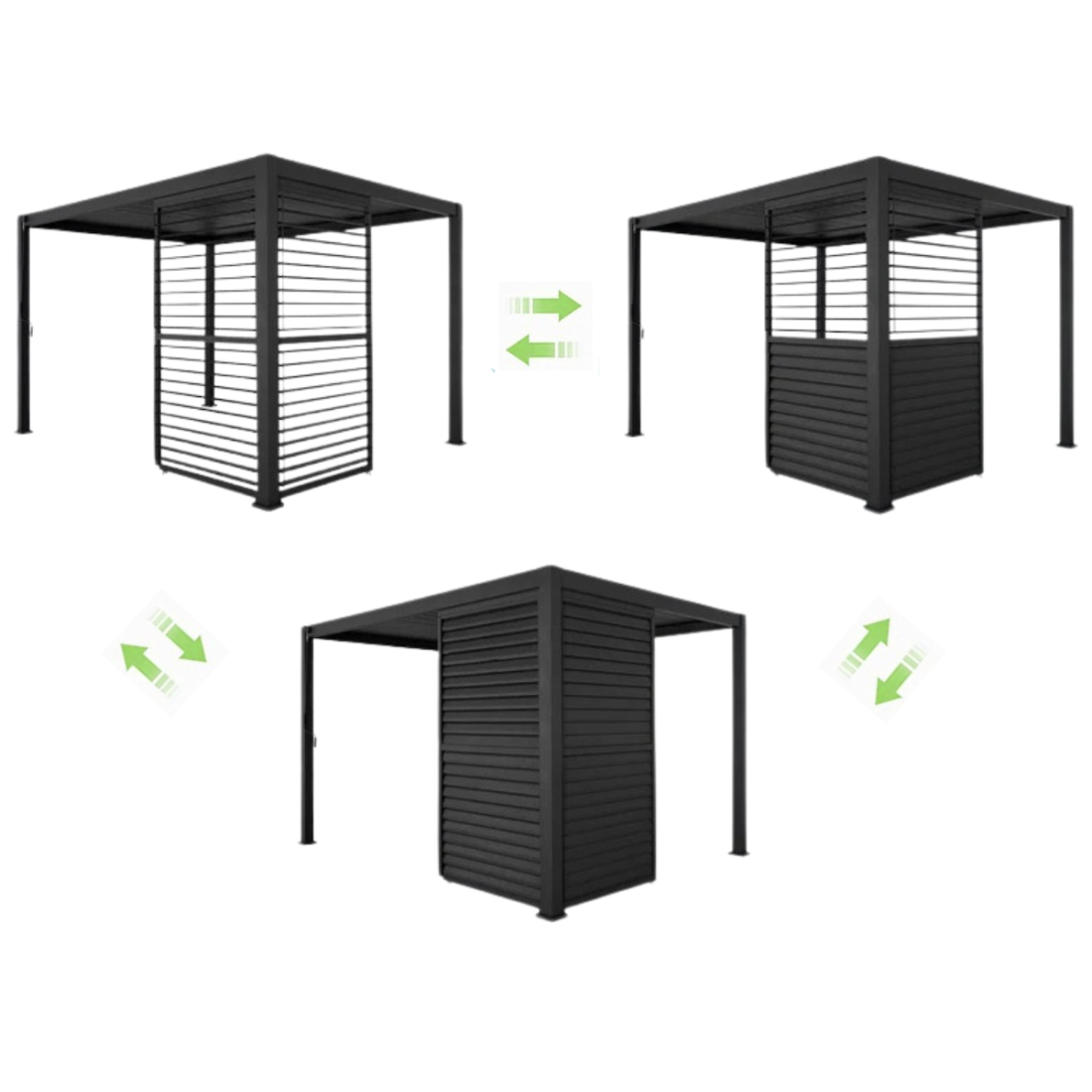 panele zamontowane w rogu pergoli całkowicie otwarte