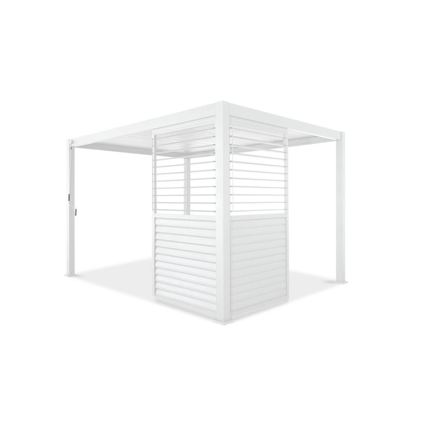 Pergola z zamontowanymi białymi regulowanymi panelami żaluzjowymi 