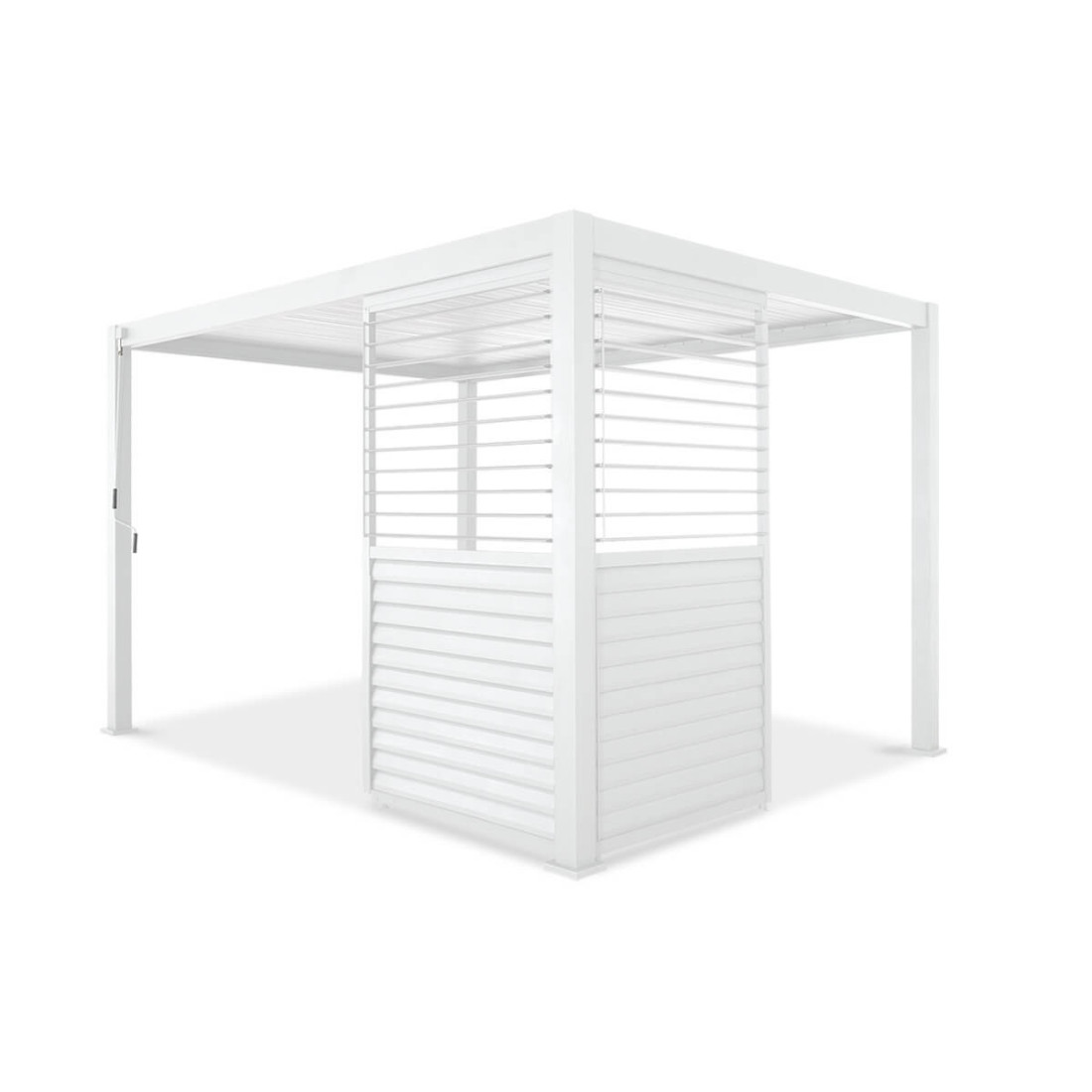 Pergola z zamontowanymi białymi regulowanymi panelami żaluzjowymi 