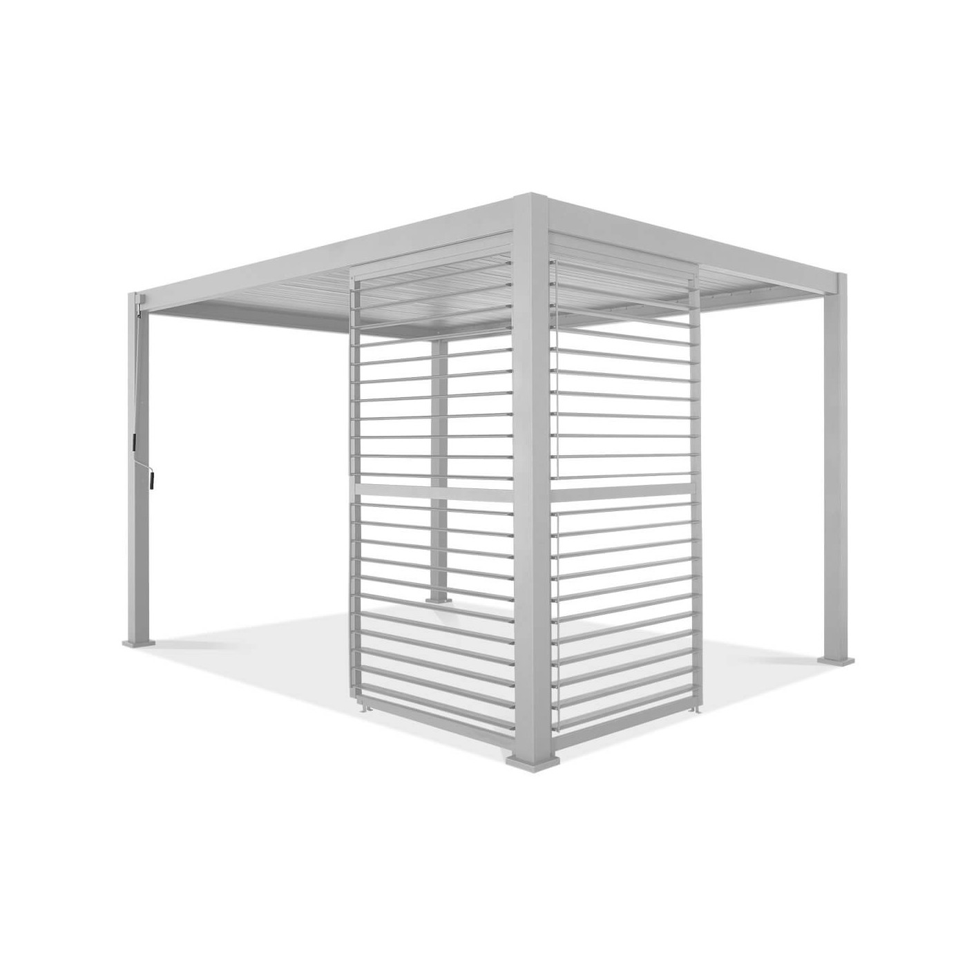 Białe żaluzjowe panele regulowane zamontowane na pergoli 4m