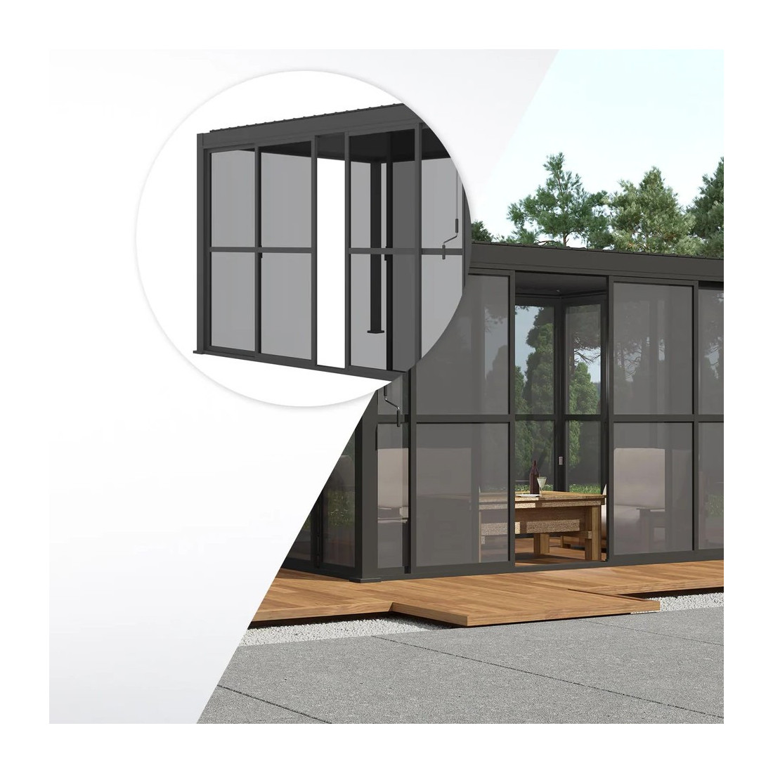 całkowicie zamknięte przesuwne drzwi 3m anthracite do pergol o 3m