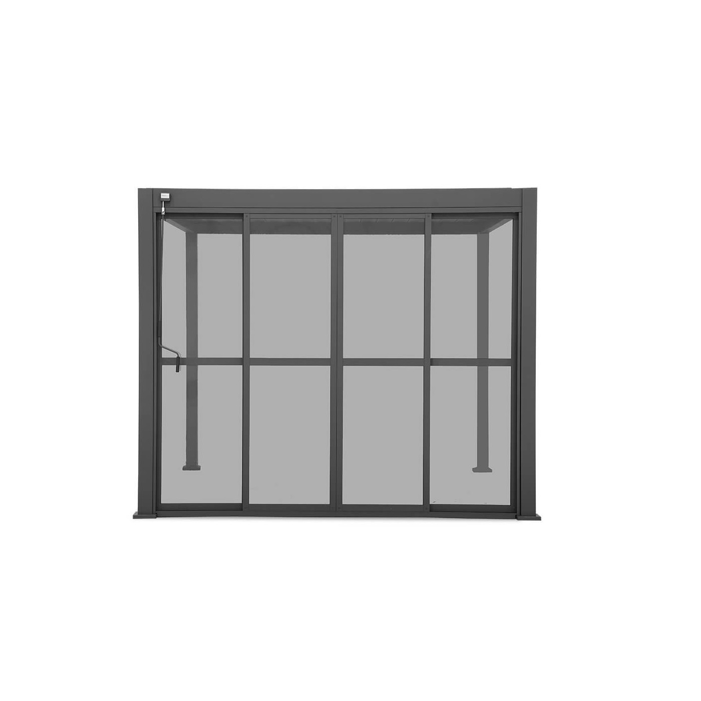 w połowie otwarte drzwi antracytowe z poliwęglaniu do pergoli 4m