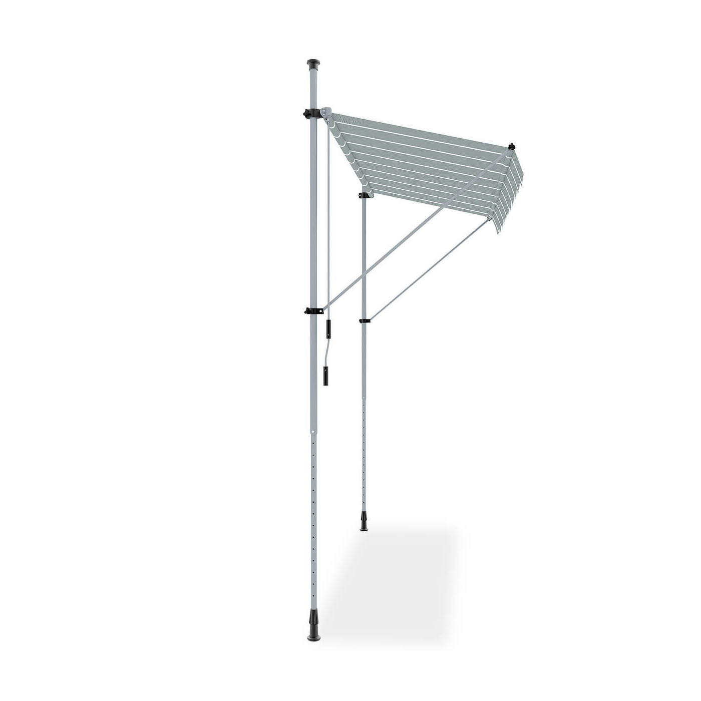 Zbliżenie na materiał markizy wykonany z poliestru w kolorze szarym z białymi paskami