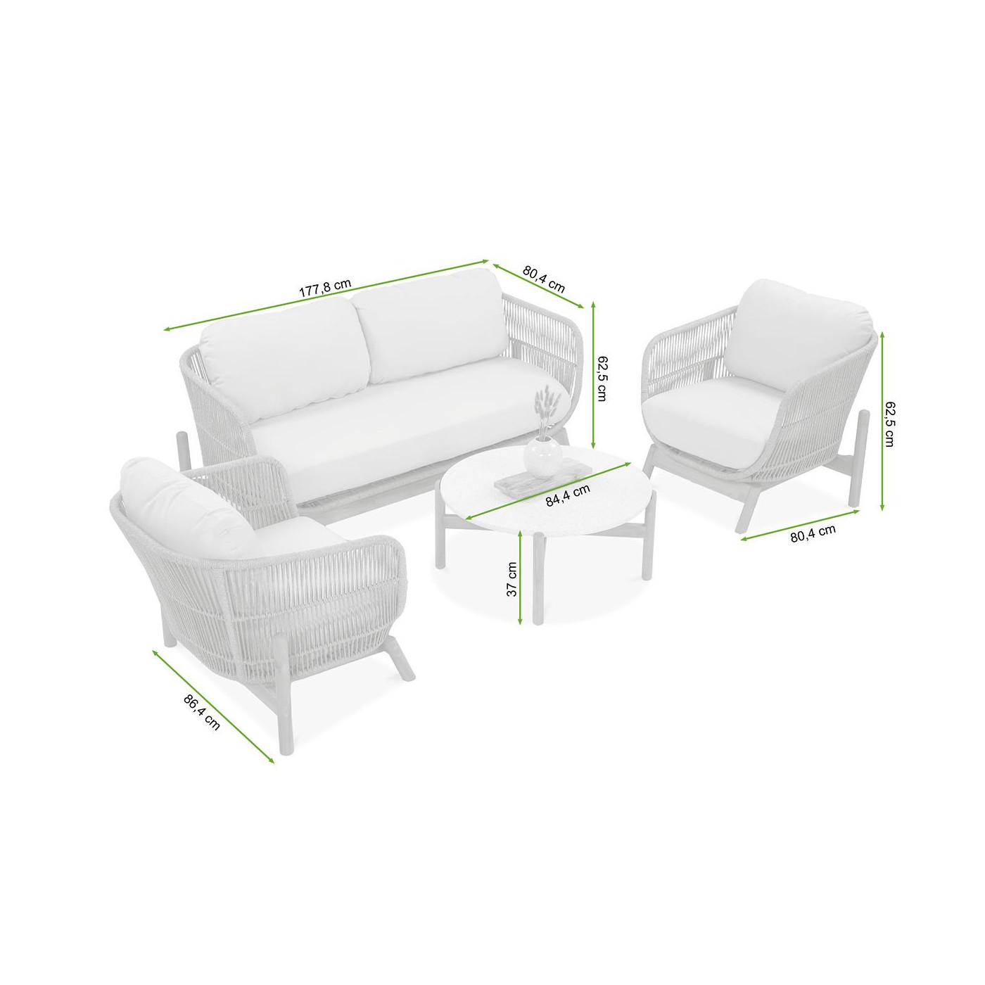 rysunek z wymiarami zestawu mebli na taras ankara caffe