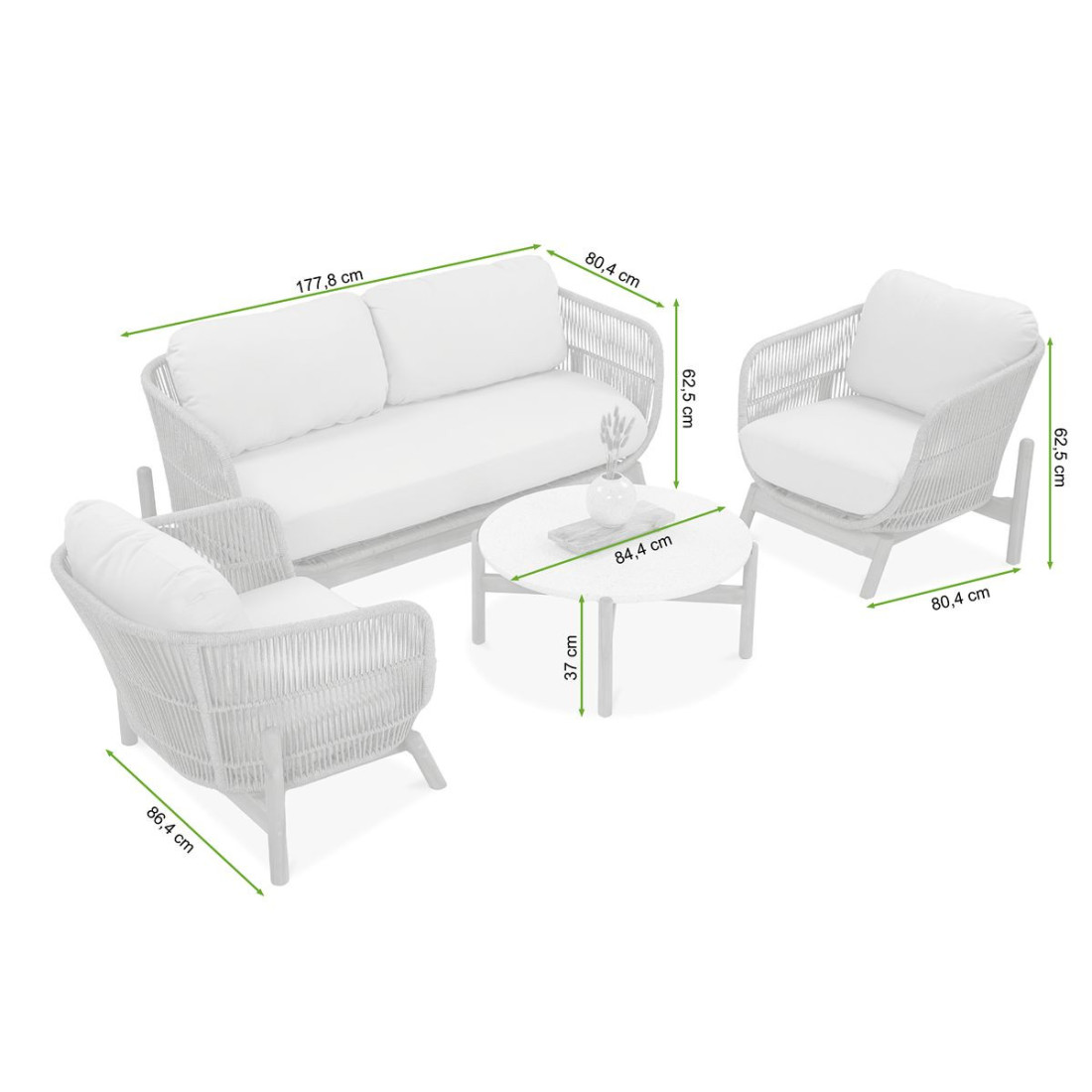 rysunek z wymiarami zestawu mebli na taras ankara caffe