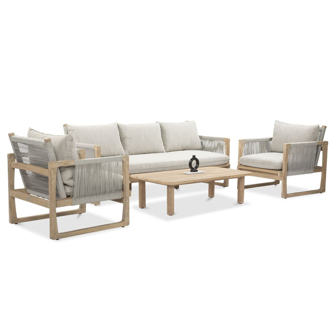 Drewniany zestaw na taras z dwoma fotelami , trzyosobową sofą i stolikiem kawowym